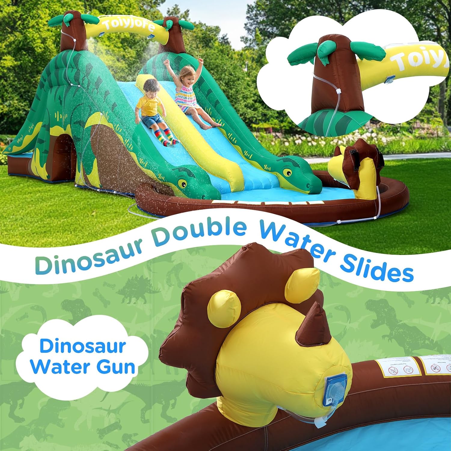 Detalle de Dinosaur Water Slide Bounce House with Dual Slides & Splash Pool — 7-in-1 Backyard Water Park