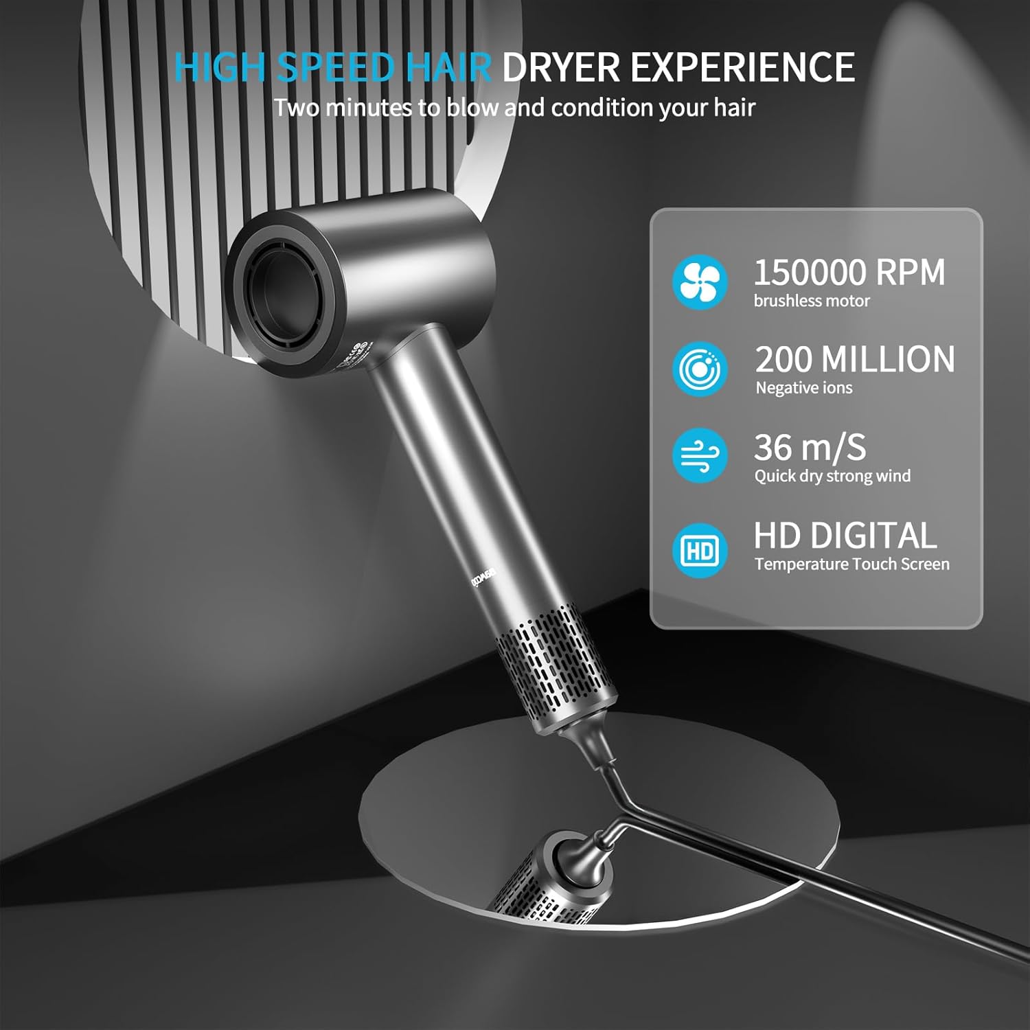 Thumbnail 5 de Ionic Hair Dryer for Women (Grey) 1500W with HD Display, Touch Controls and 4 Heat Settings