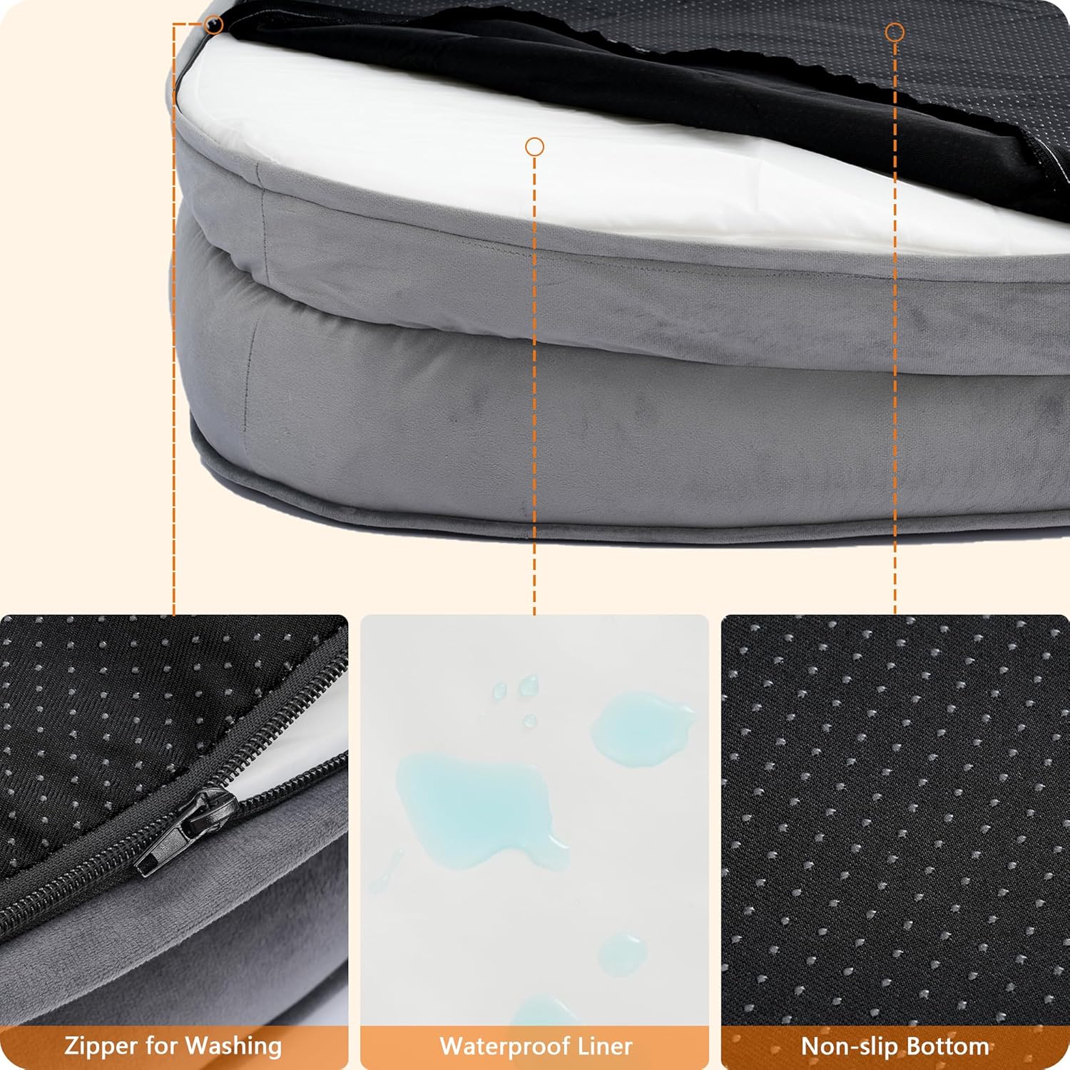 Detalle de HMTOPE Orthopädisches Hundebett (Hundesofa) mit Nackenrolle, abnehmbar & waschbar, 122 x 90 x 19 cm – Dunkelgrau