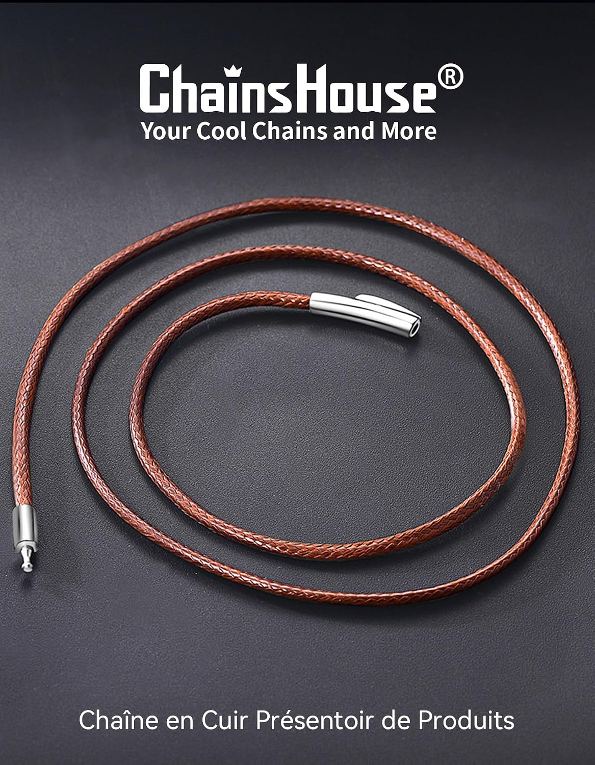 Detalle de ChainsHouse Chaine Collier Cordon Cuir Homme – 2 mm, longueurs 41–76 cm, noir ou marron