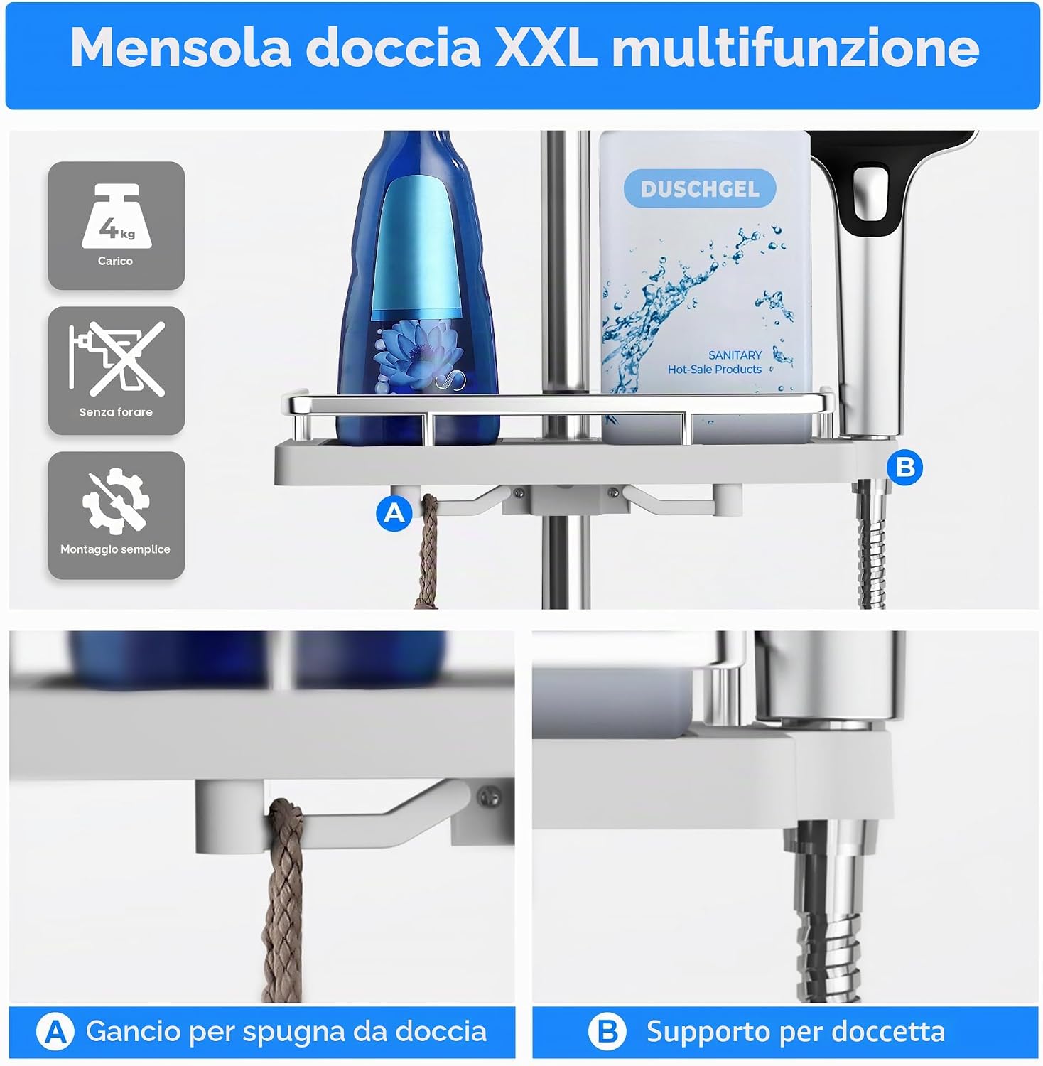 Thumbnail 4 de JOHO Asta Doccia in acciaio inox 70 cm con supporto regolabile e mensola cromata