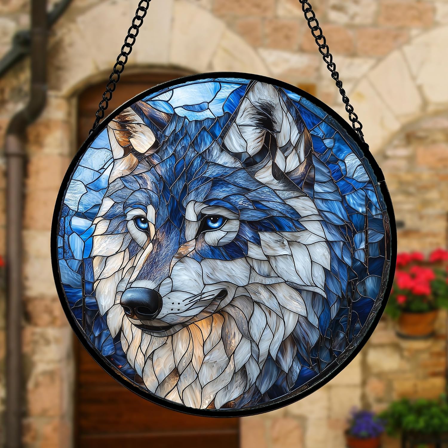 Thumbnail 3 de DASTOLL Blue Wolf Stained Glass Suncatcher, 9.8-Inch Blue and White Glass
