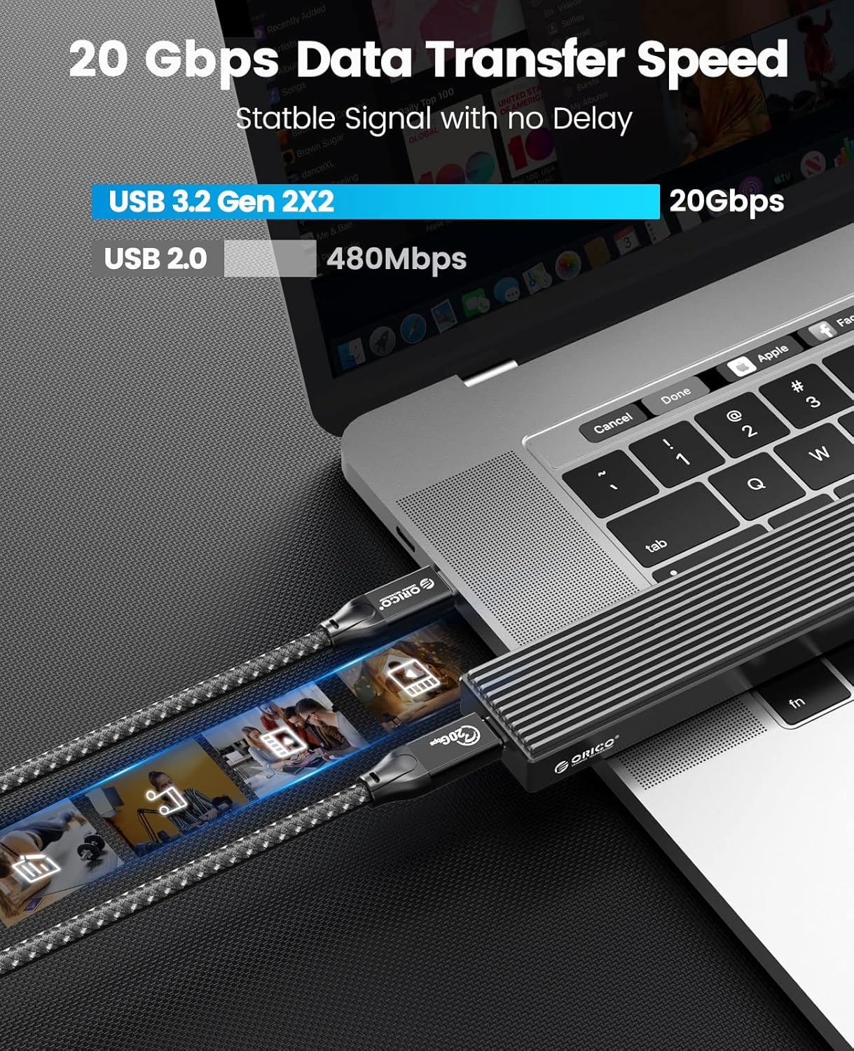 Detalle 2 de ORICO USB-C Kabel 20 Gbps Gen2x2, 2 m, 100 W PD3.0, USB-C zu USB-C – 4K@60 Hz kompatibel