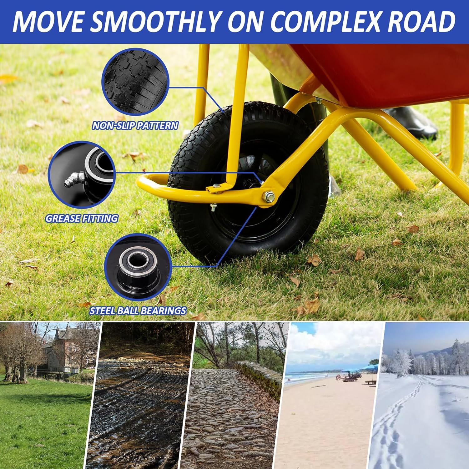 Detalle de 4.80/4.00-8" Flat Free Wheelbarrow Tire with 14.5" Wheel, Universal Hub (3" Center, 3/4" & 5/8" Bearings) — Solid Polyurethane, 300 lb Capacity