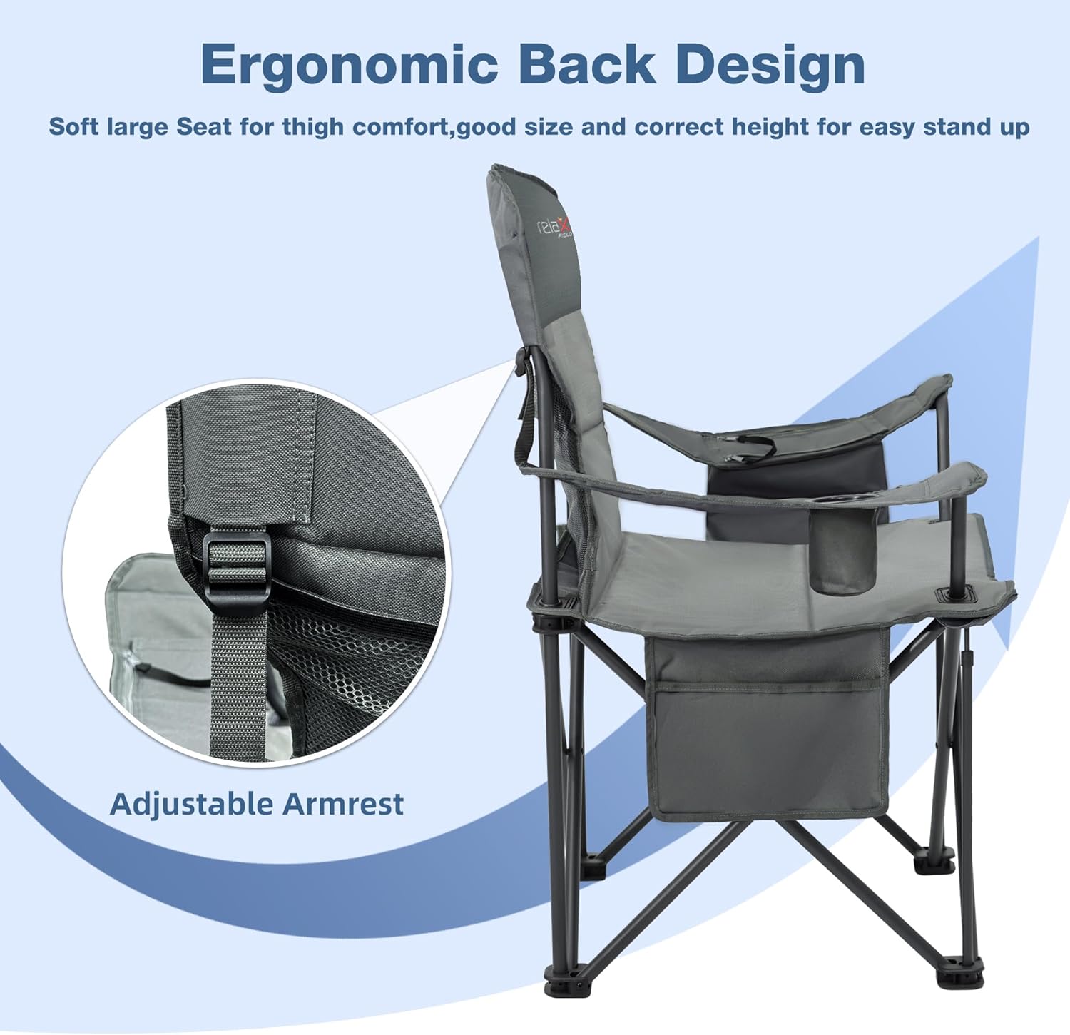Thumbnail 6 de RELAX FIELD Set of 2 Oversized Camping Chairs for Adults – Heavy Duty, 200kg Capacity, Cup Holder & Cooler Bag (Grey)