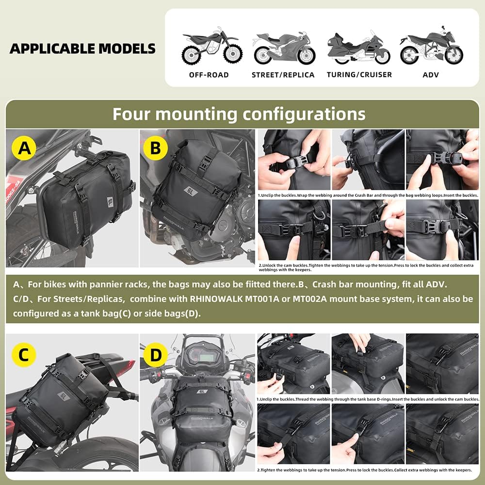 Detalle de Rhinowalk 6L Front Bumper Bag & Tail Bag for Motorcycles – Waterproof Modular Saddle Pannier (Black)