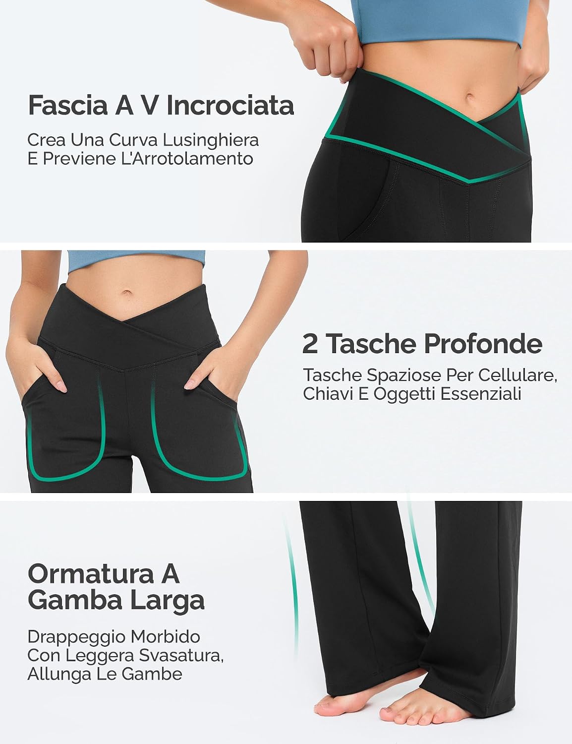 Detalle 2 de Yogaration pantaloni yoga da donna a gamba lunga, vita alta incrociata con tasche