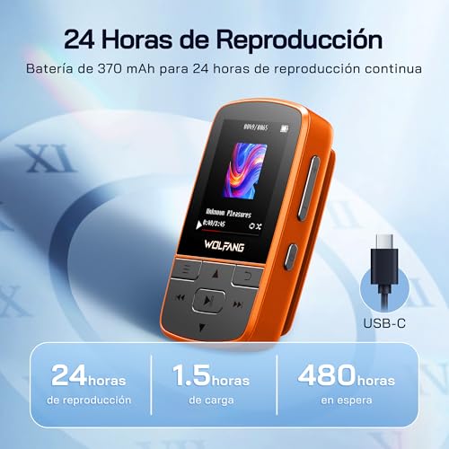 Thumbnail 6 de WOLFANG Reproductor MP3 con Bluetooth 5.2, Clip Deportivo y Auriculares (Naranja)
