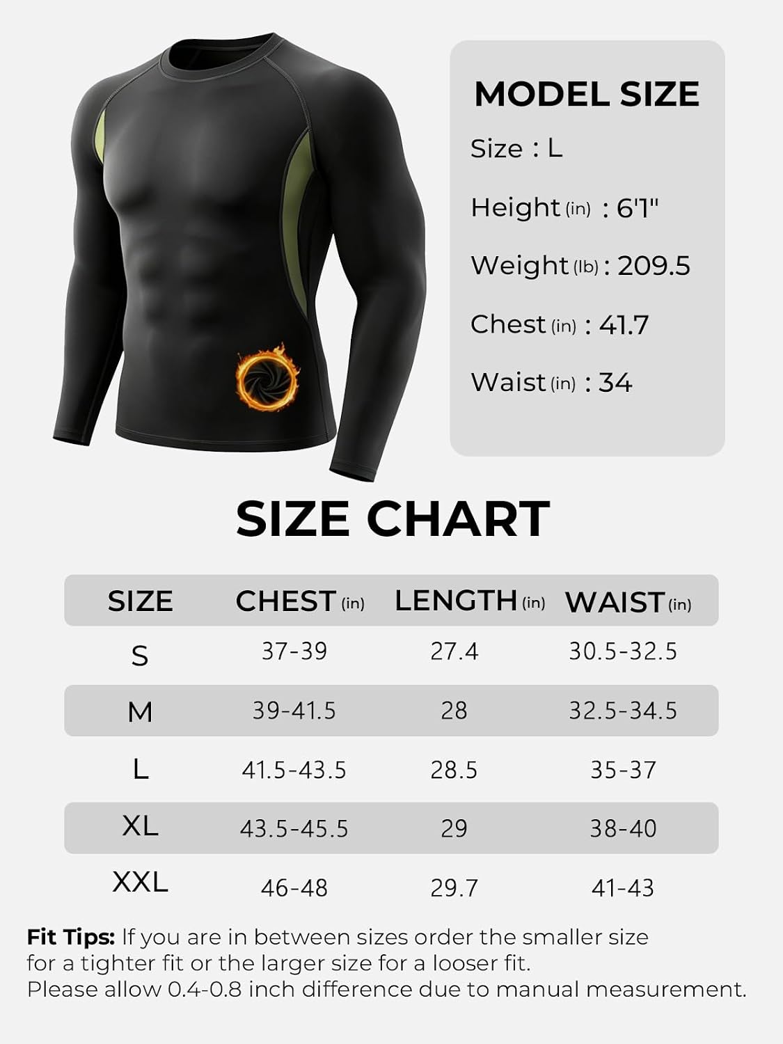 Detalle 2 de ATTIQOZI 4-Pack Men’s Thermal Compression Shirts, Fleece-Lined Long Sleeve