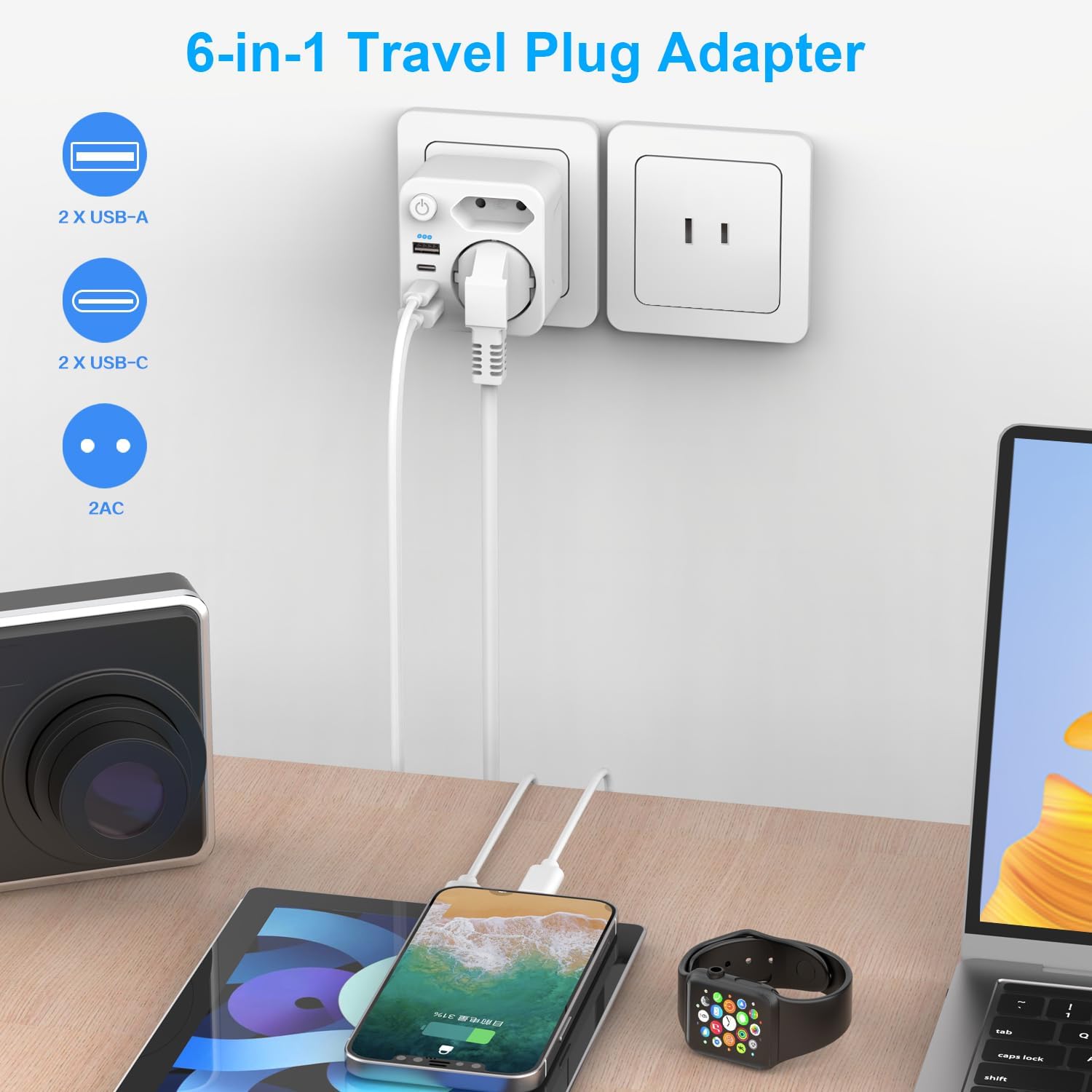Thumbnail 6 de Adapter Japan Reiseadapter: 6-in-1 Typ-A EU zu USA/Japan – 2-poliger Schuko, Typ-C und 3 USB