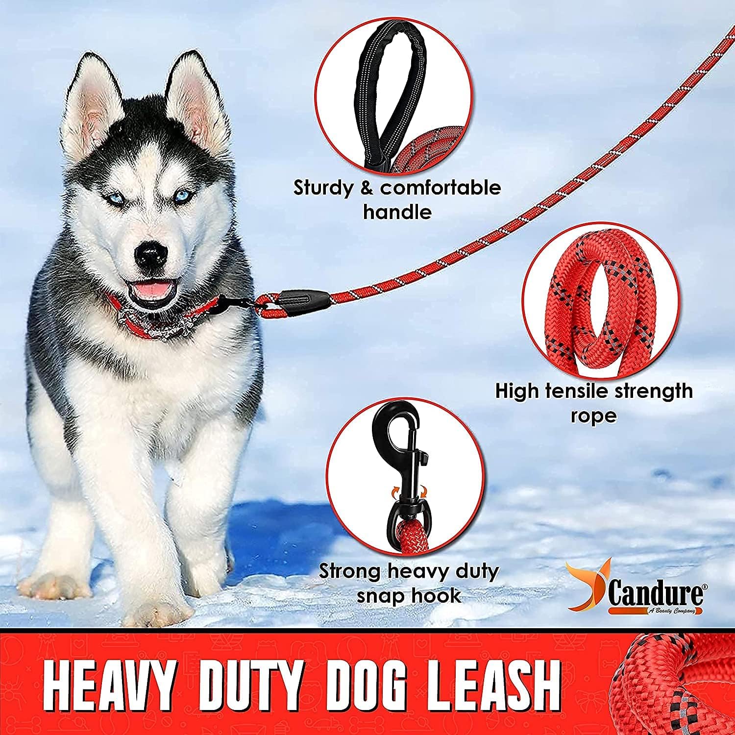 Detalle de Candure Guinzaglio per Cani Elastico Riflettente 5ft: Nylon, Impugnatura imbottita e Clip robusta