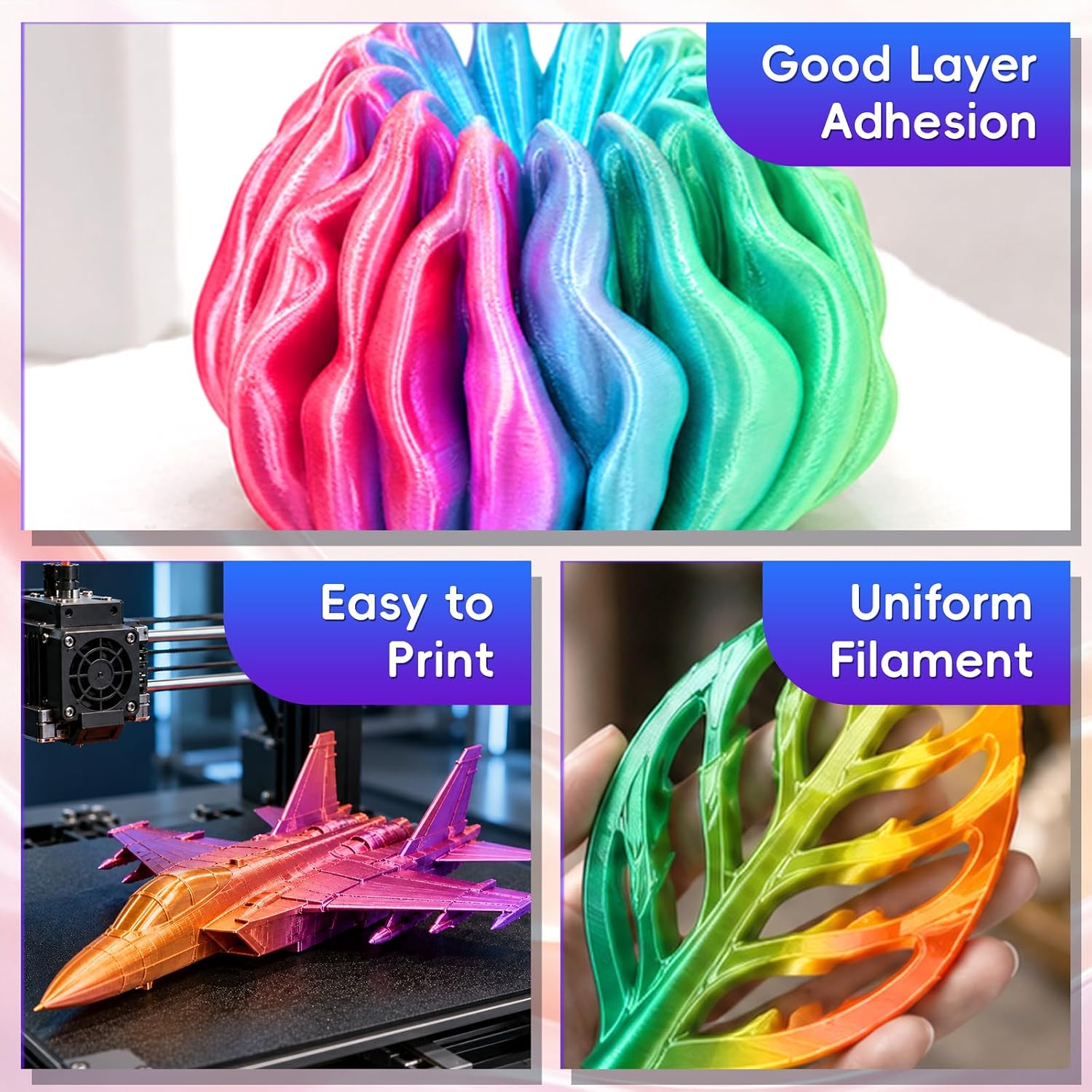Detalle 1 de UGUESS PLA+ Silk 3D Printer Filament Bundle, 1.75 mm, 6 Tri-Color Spools