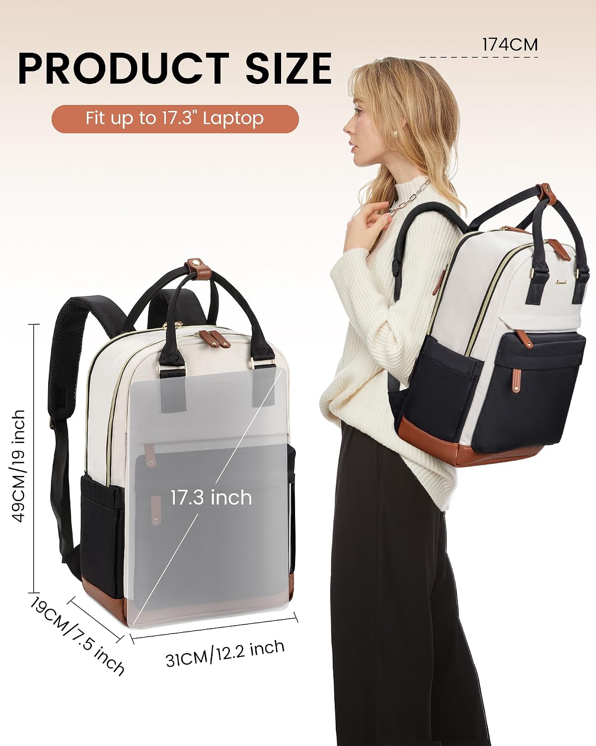 Detalle de LOVEVOOK Rucksack Damen – 17 Zoll Laptop-Reiserucksack, wasserdicht, multifunktional, 29 Liter, Schwarz