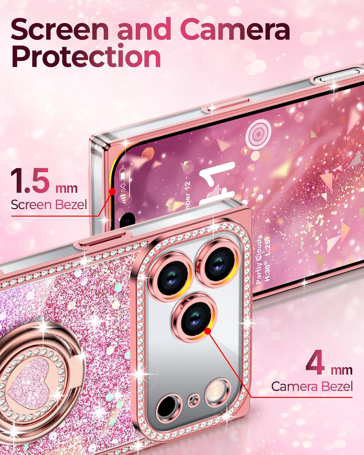Detalle de XYZ Glitter Bling Case for iPhone 17 Pro Max – Pink with 2-Ring Heart Stand & Lanyard