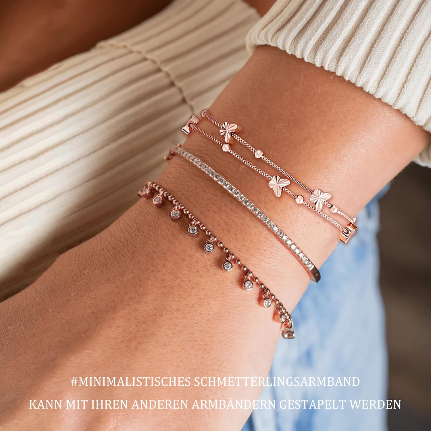 Thumbnail 1 de XOEMEL Bracelet en argent 925 pour femme – Papillons et perles – Or rose, réglable, 43 cm
