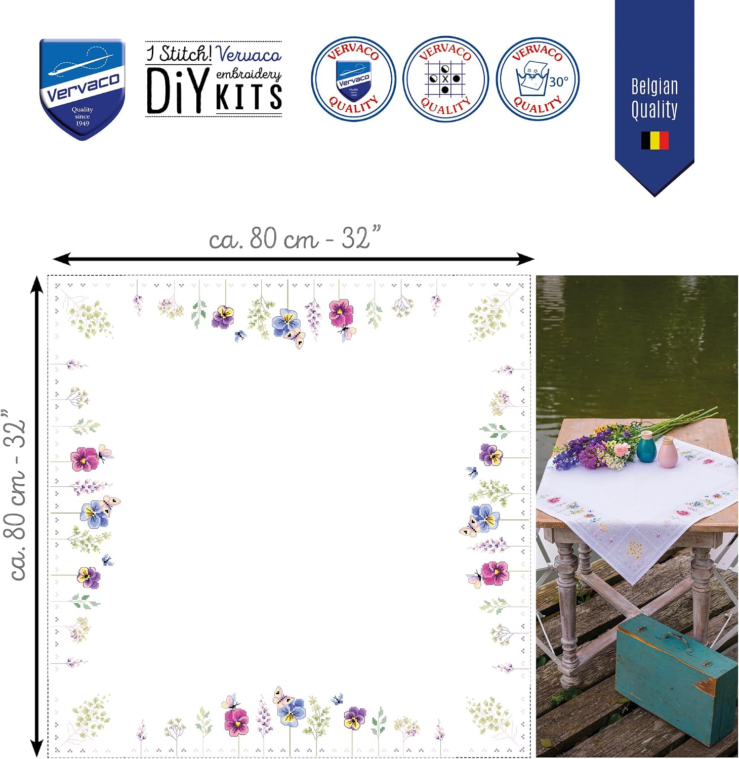 Detalle de VERVACO FIOŁKI – zestaw do haftu krzyżykowego obrusu 80 × 80 cm
