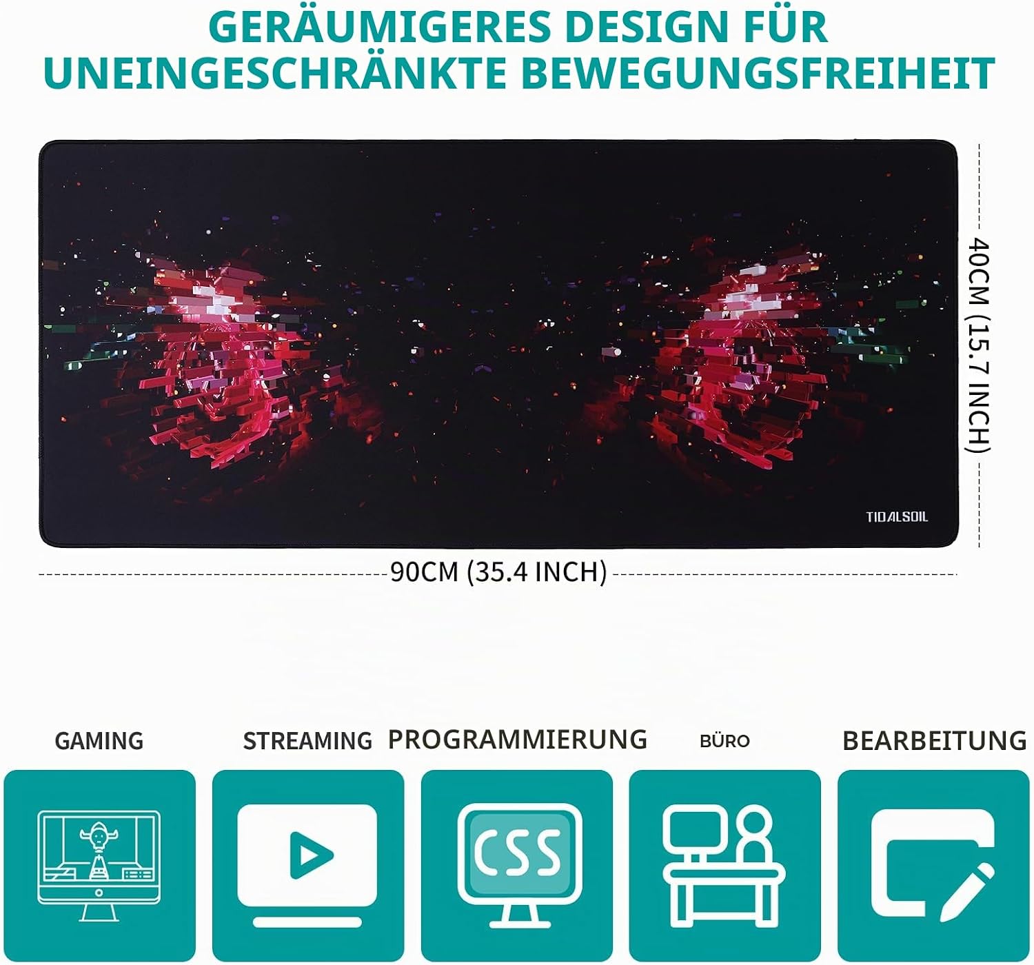 Thumbnail 4 de TIDALSOIL Gaming Mauspad XXL 900×400 mm – Rote Pixel, rutschfeste Gummibasis