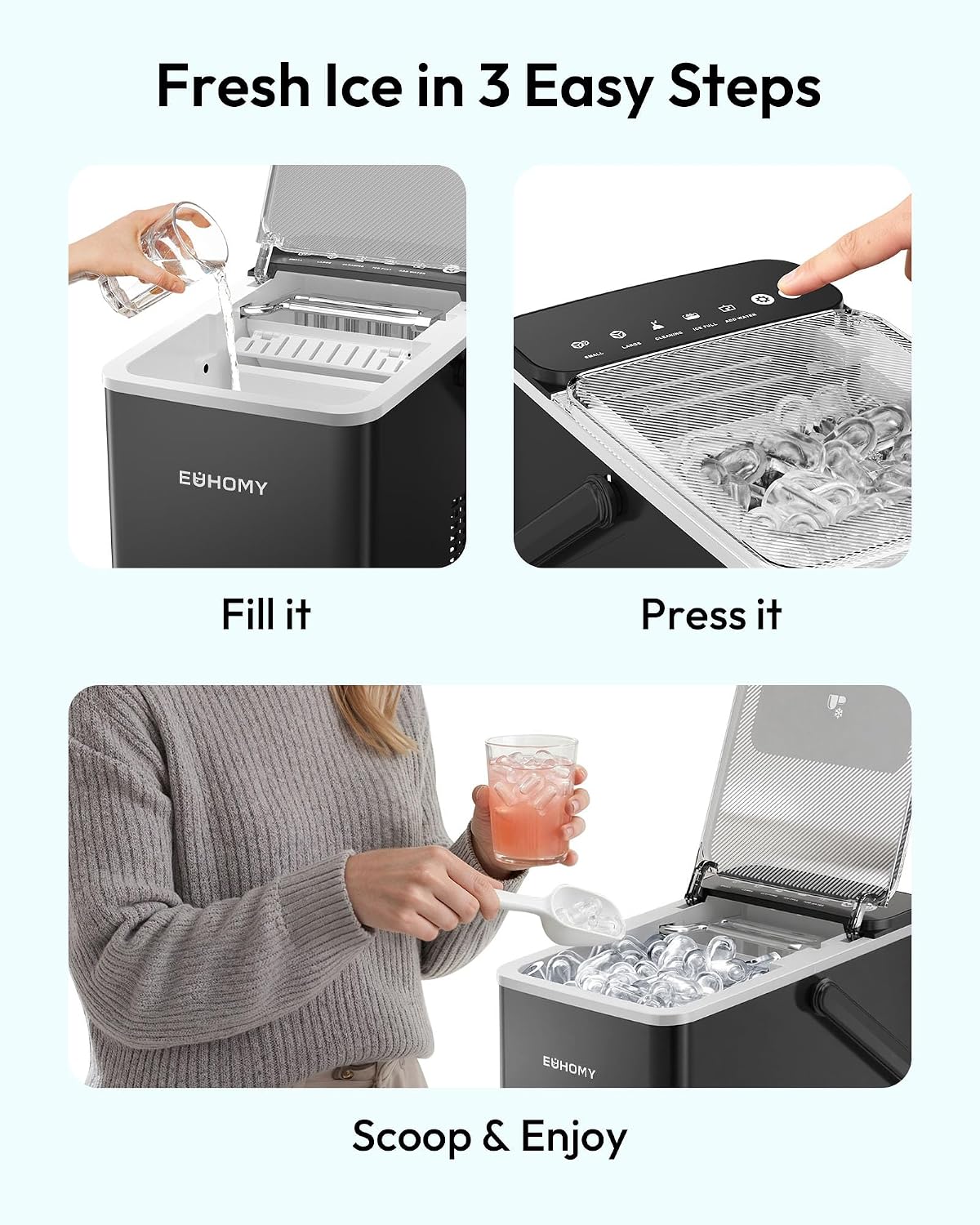 Detalle 2 de EUHOMY Countertop Ice Maker, 9 Cubes in 6 Minutes, Auto-Cleaning, Black