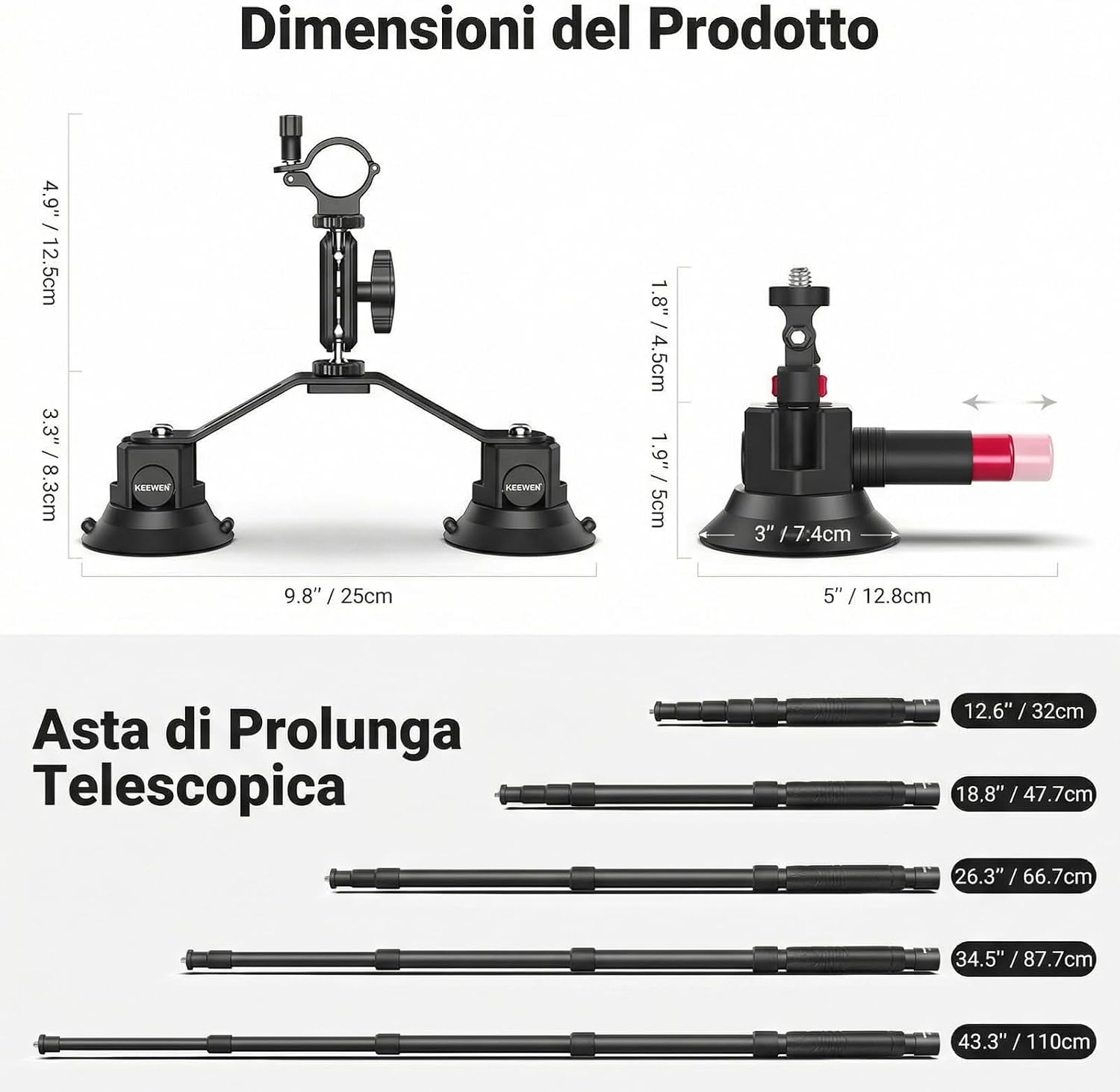 Detalle de NEEWER CA065 Treppiede a ventosa tripla per auto con braccio flessibile e asta 2in1