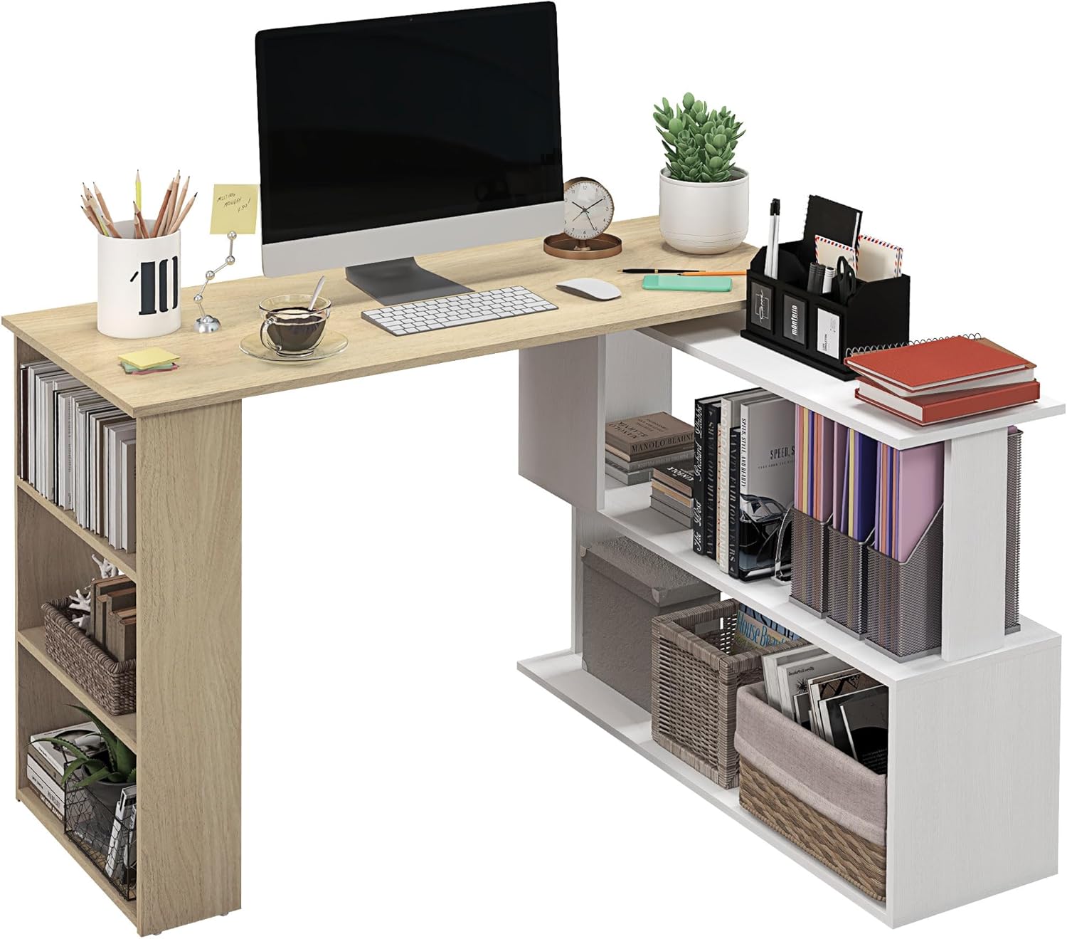 Detalle de HOMCOM Bureau d'angle Table de Salle à Manger avec Rangement modulable et bibliothèque intégrée (Blanc et Bois naturel)