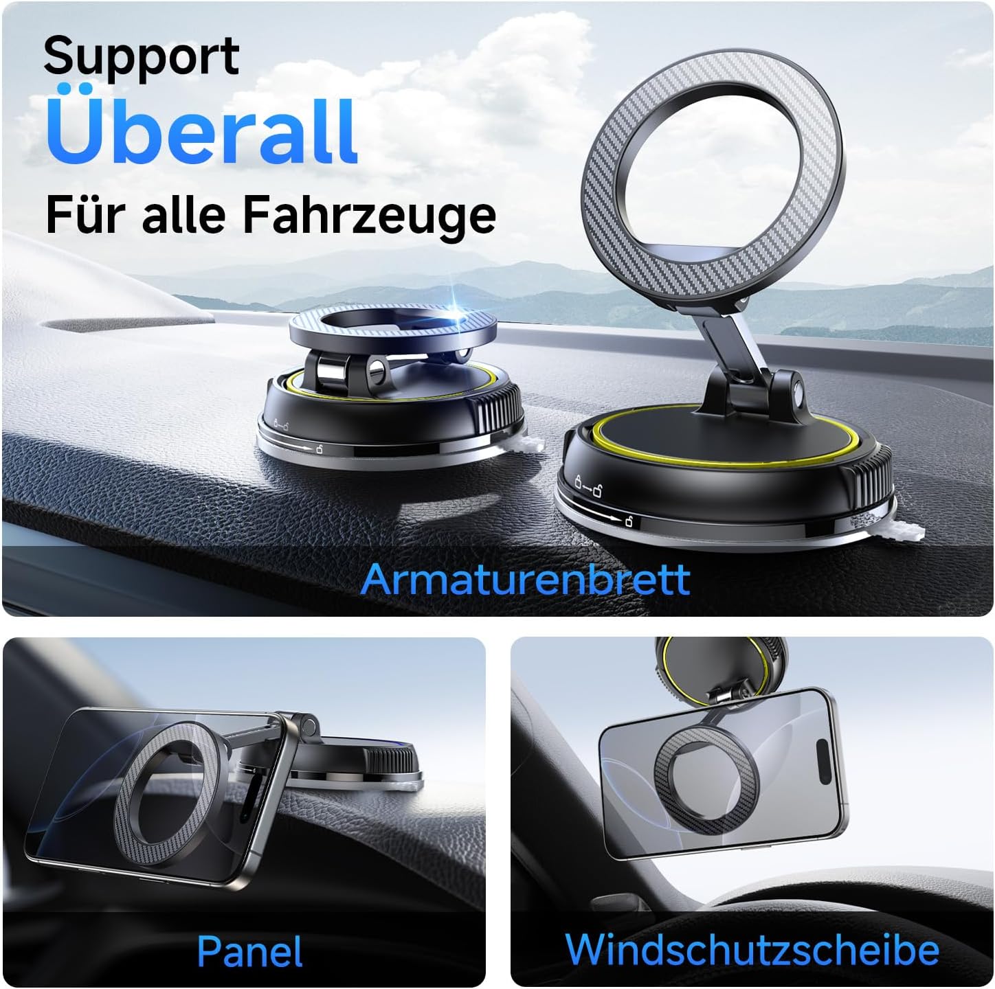 Detalle de Moeila Handyhalterung Auto magnetisch 360° drehbar (Vakuum) mit 2400 gf Magnetkraft – Olivgelb