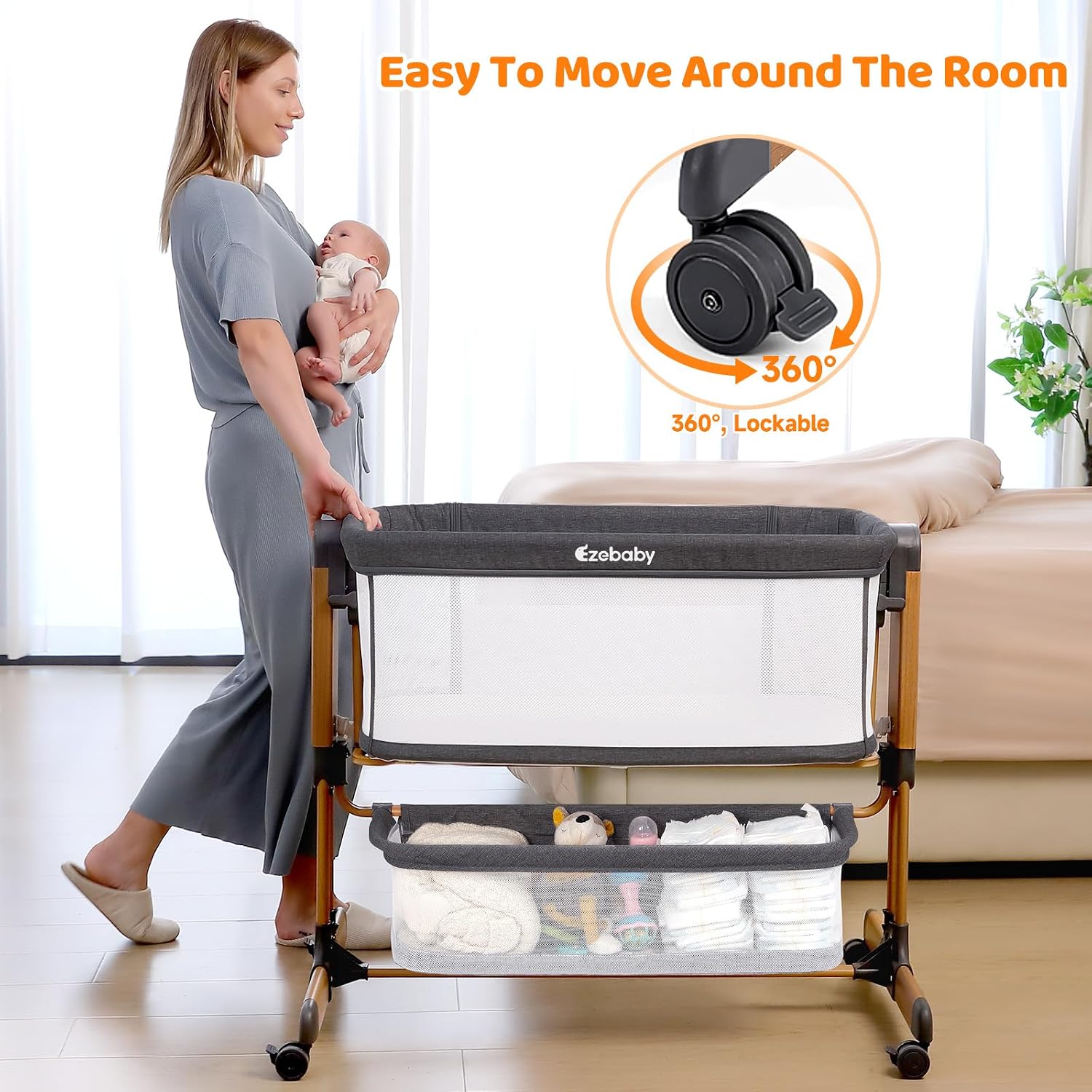 Thumbnail 6 de Ezebaby OD-B6 3-in-1 Baby Bassinet with Rocking Mode, Mesh Sides and Wheels