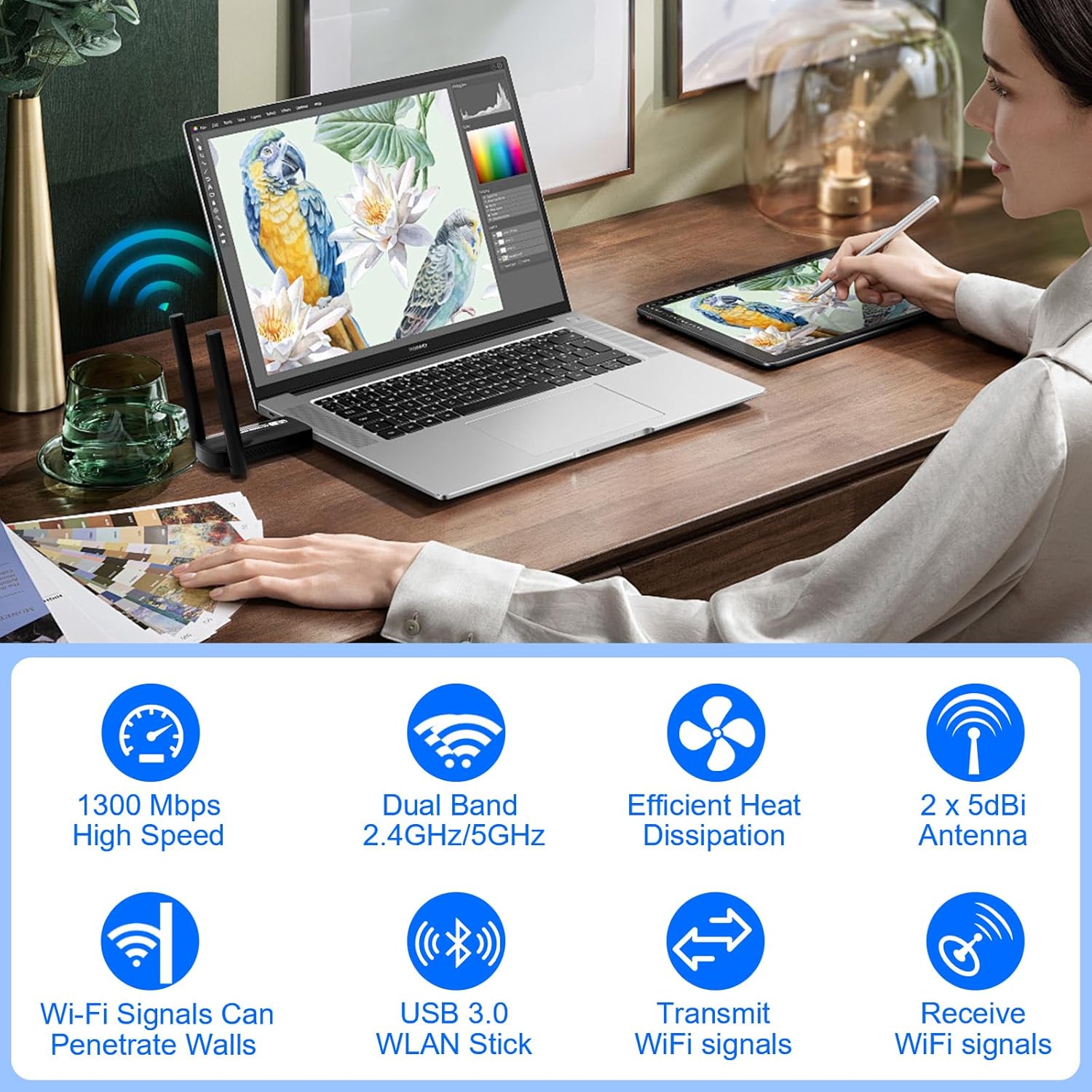 Detalle 2 de Vemfay USB WLAN Stick Adapter – AC1300 Dualband für PC, 867 Mbps (5 GHz) / 400 Mbps (2,4 GHz) mit USB 3.0