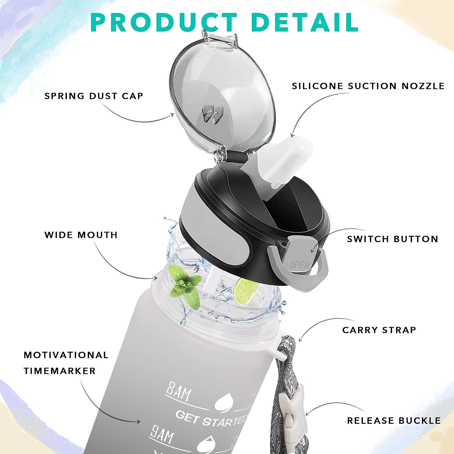 Thumbnail 2 de Enerbone USEN-2026-32 32 oz Water Bottle with Straw, Time Markers and Carrying Strap
