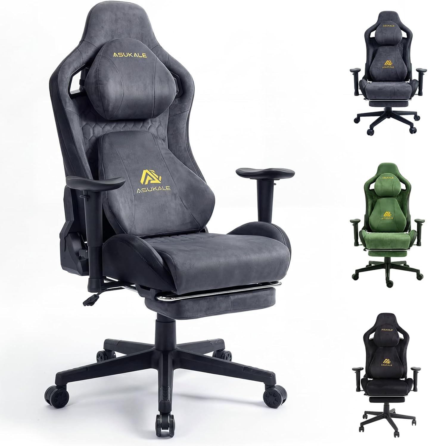 Thumbnail 6 de Asukale Gaming Stuhl mit atmungsaktivem Stoff, verstellbarer Rückenlehne (90–150°) und Fußstütze – grau