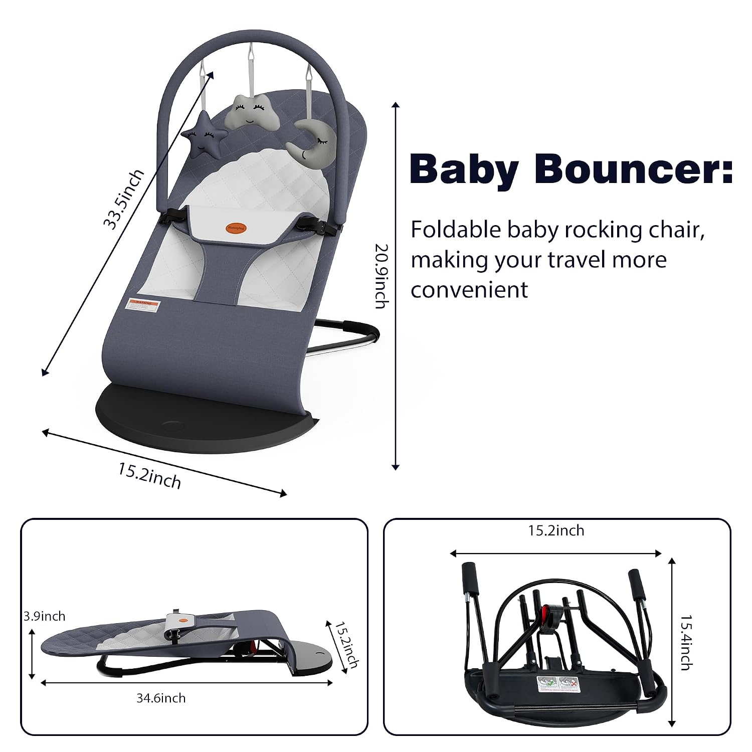 Detalle de Mommyhug Portable Baby Bouncer Seat, Grey, with Hanging Toys and Rocker Options