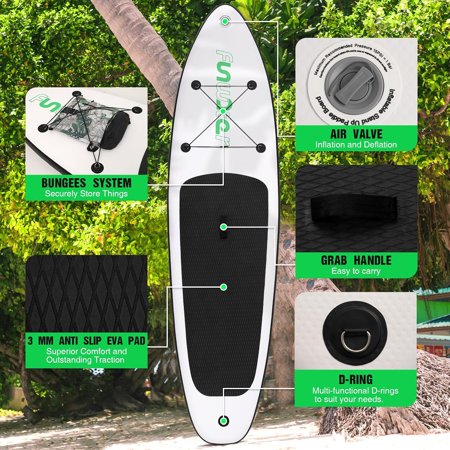 Thumbnail 4 de FunWater Ultra-light Inflatable Stand Up Paddle Board – 10'6" or 320cm SUP with Adjustable Paddle, Pump, Leash, Backpack & Fins
