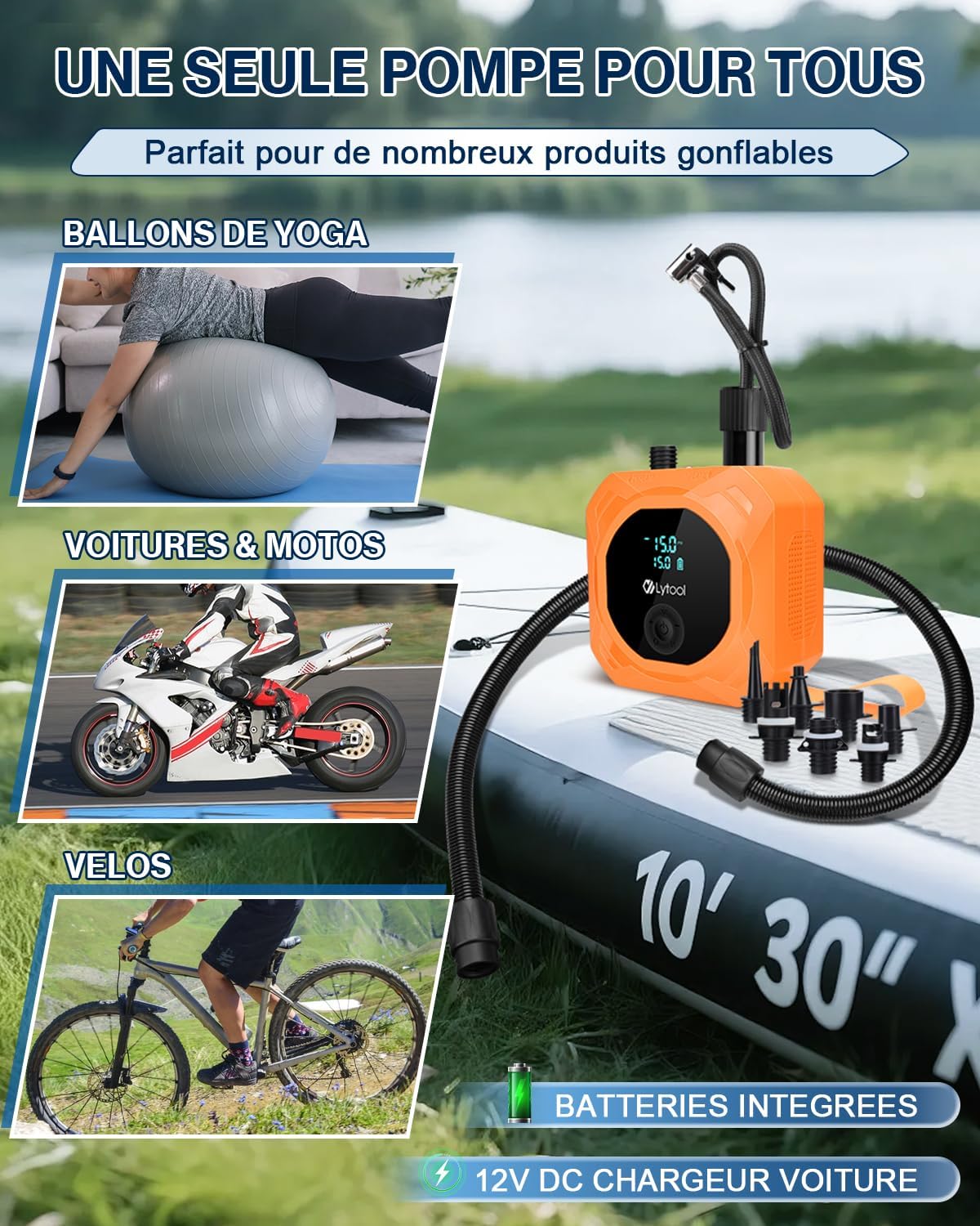 Detalle 2 de Pompe SUP électrique 50 PSI Lytool, gonflage/dégonflage automatique (3 étages) avec batterie 12000 mAh et 12V DC