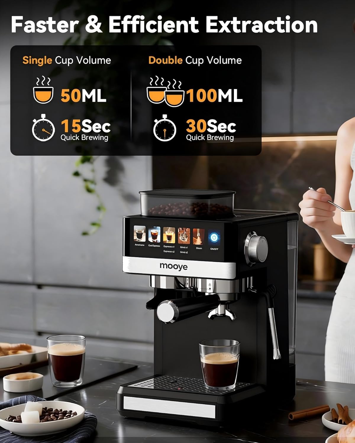 Thumbnail 4 de Mooye Espresso Machine with Grinder (20-Bar) with Steam Wand for Cappuccino, Latte & Cold Brew