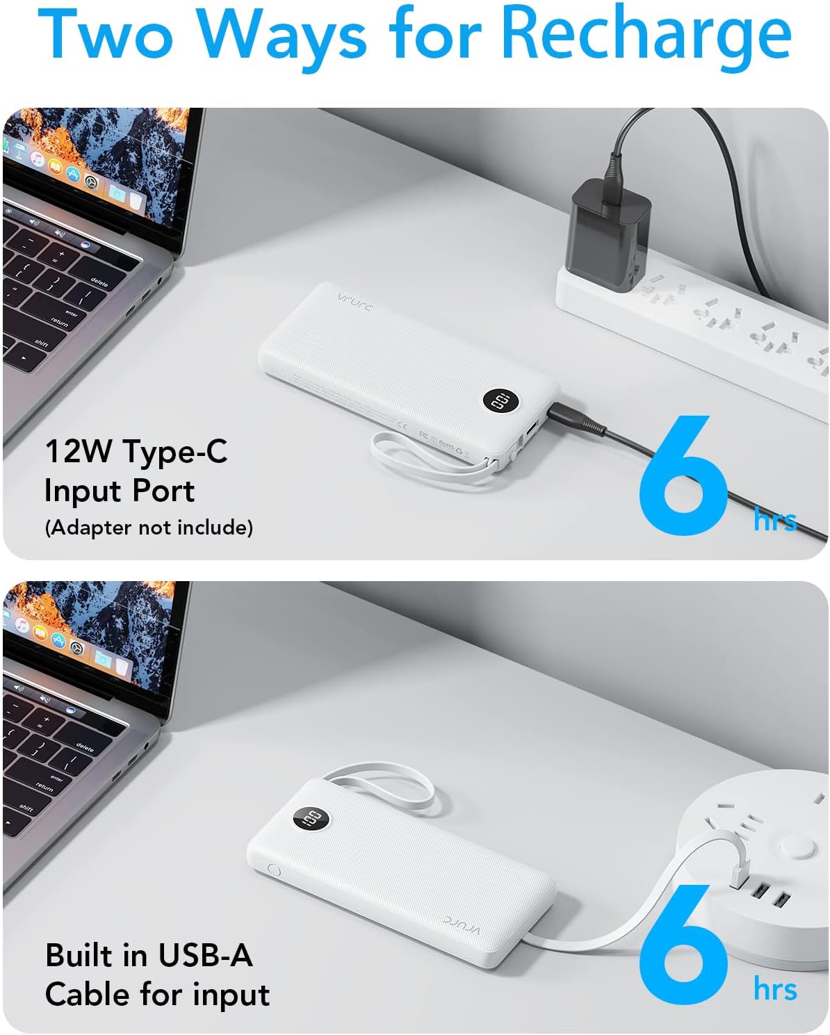 Detalle de VRURC 10000mAh Power Bank With Built in Cables — Compact 5-Output Portable Charger