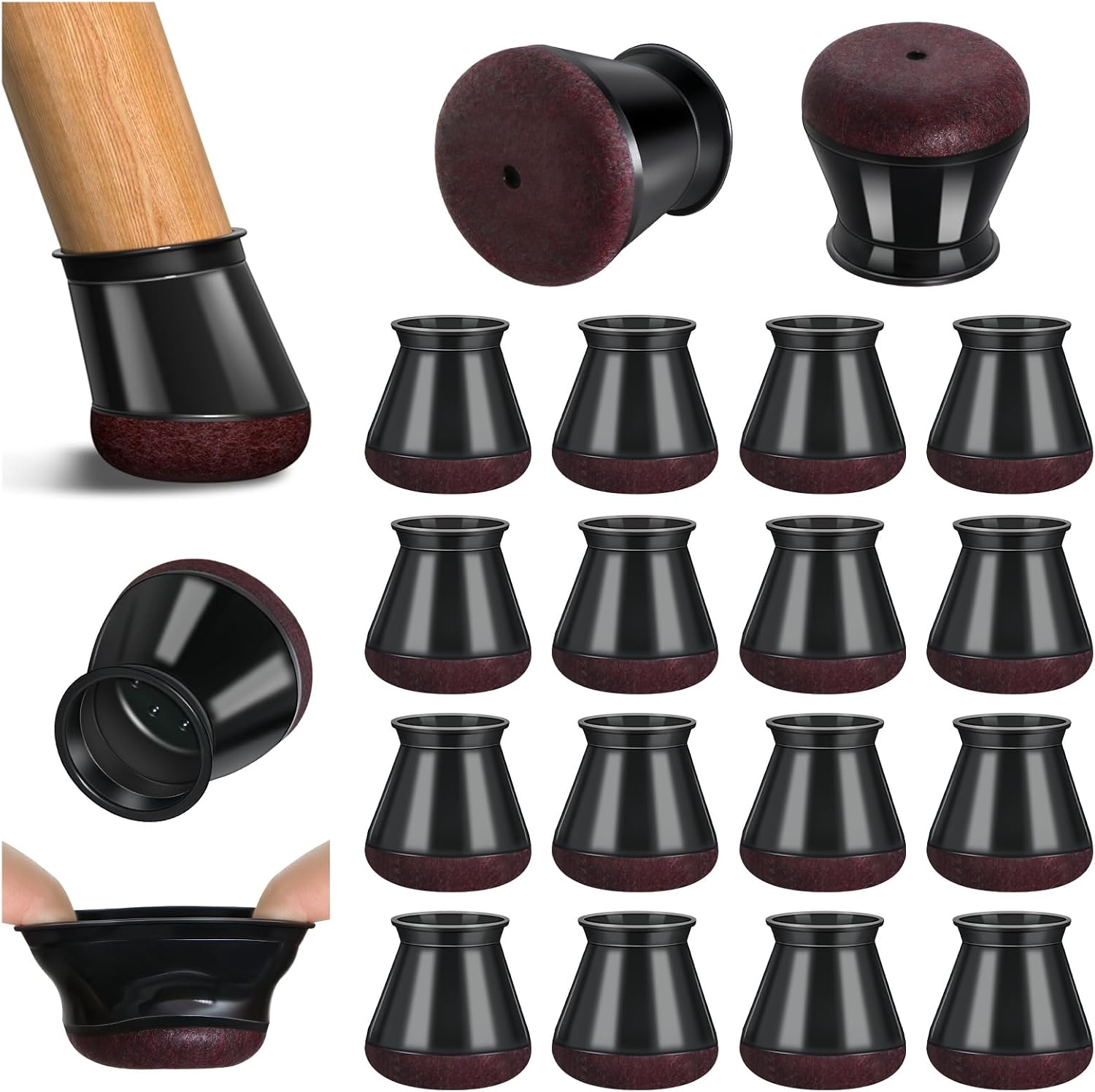 Stuhlbeinkappen Schwarz – Filzgleiter rund, Ø 19,1–30 mm, 16 Stück