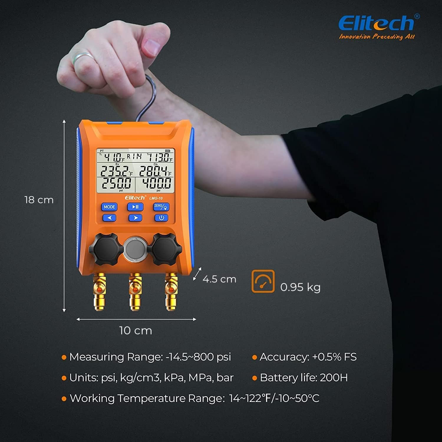 Thumbnail 6 de Elitech LMG-10 digital manifold gauge for HVAC testing with 2 temperature clamps