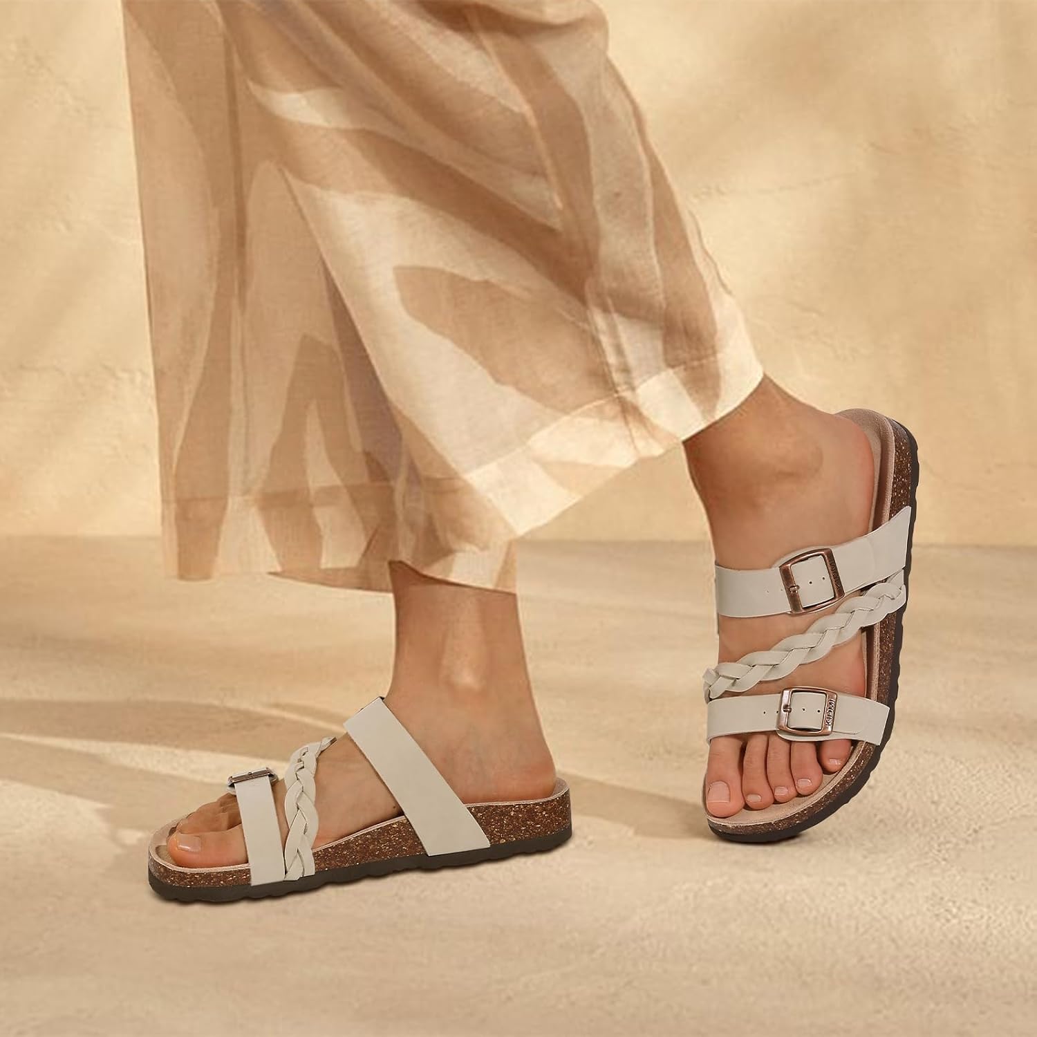 Detalle de KIDMI Women's Cork Footbed Sandals with Arch Support – Comfortable Slip-On Slide with Adjustable Buckle