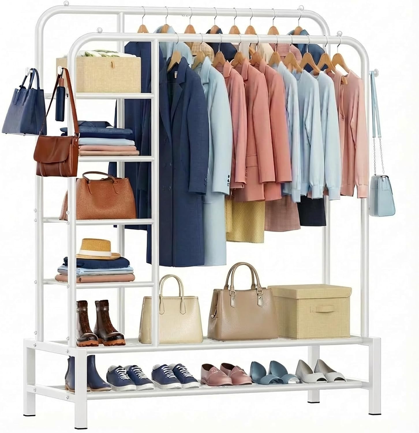 Thumbnail 6 de ZHKINGGS Clothes Rail for Bedroom – 100kg Freestanding Double Rack with Shelves & Coat Hooks