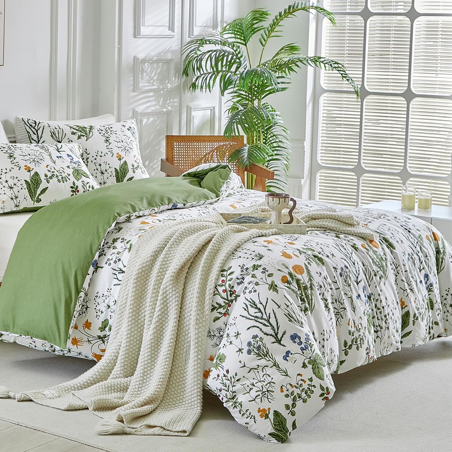 Detalle de Lekesky 200 Thread Count Cotton Super King Duvet Set with Floral Green Pattern