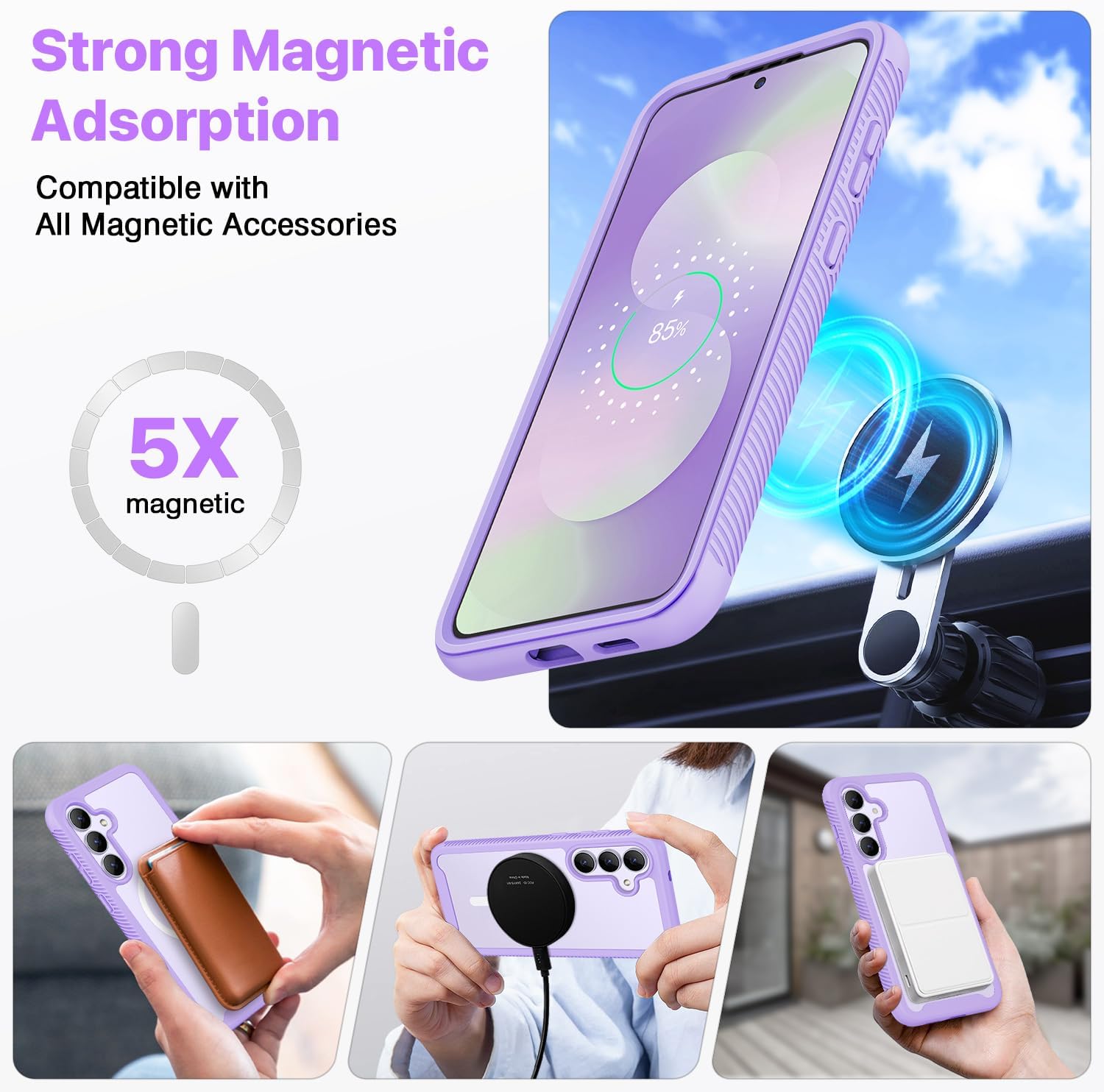 Thumbnail 3 de CENHUFO Samsung S25 FE Case with Built-in Screen Protector — 360° Rugged, Magnetic (Purple)
