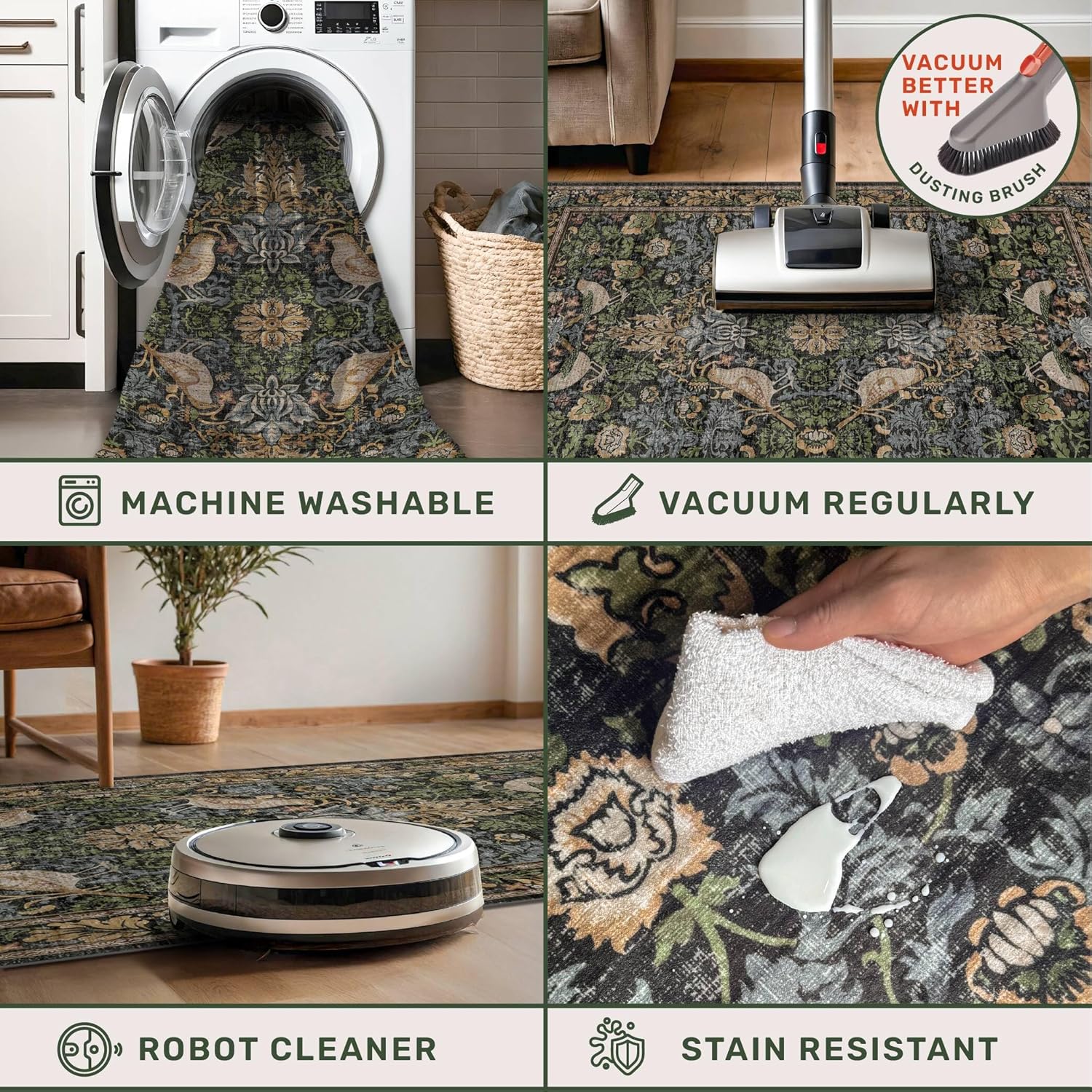 Thumbnail 3 de Vintage Green Rug for Extra Large Bedroom — 10x12, Washable, Non-Slip, Stain-Resistant Boho Floral Carpet