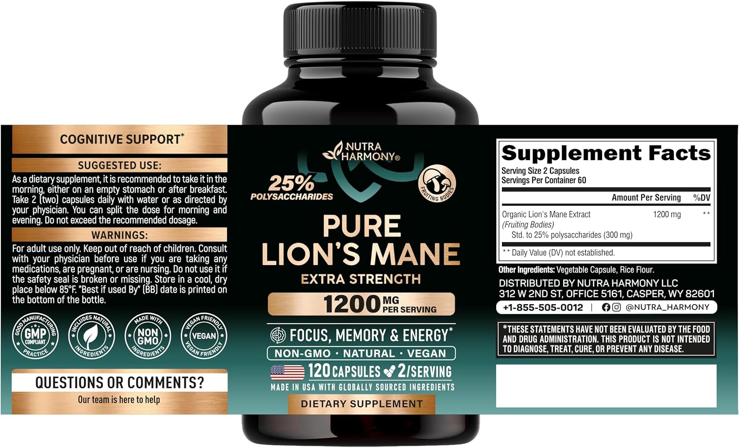 Detalle 2 de NUTRAHARMONY NH-LIONSMNCPS120 Lion’s Mane Capsules, 120 Vegan Caps