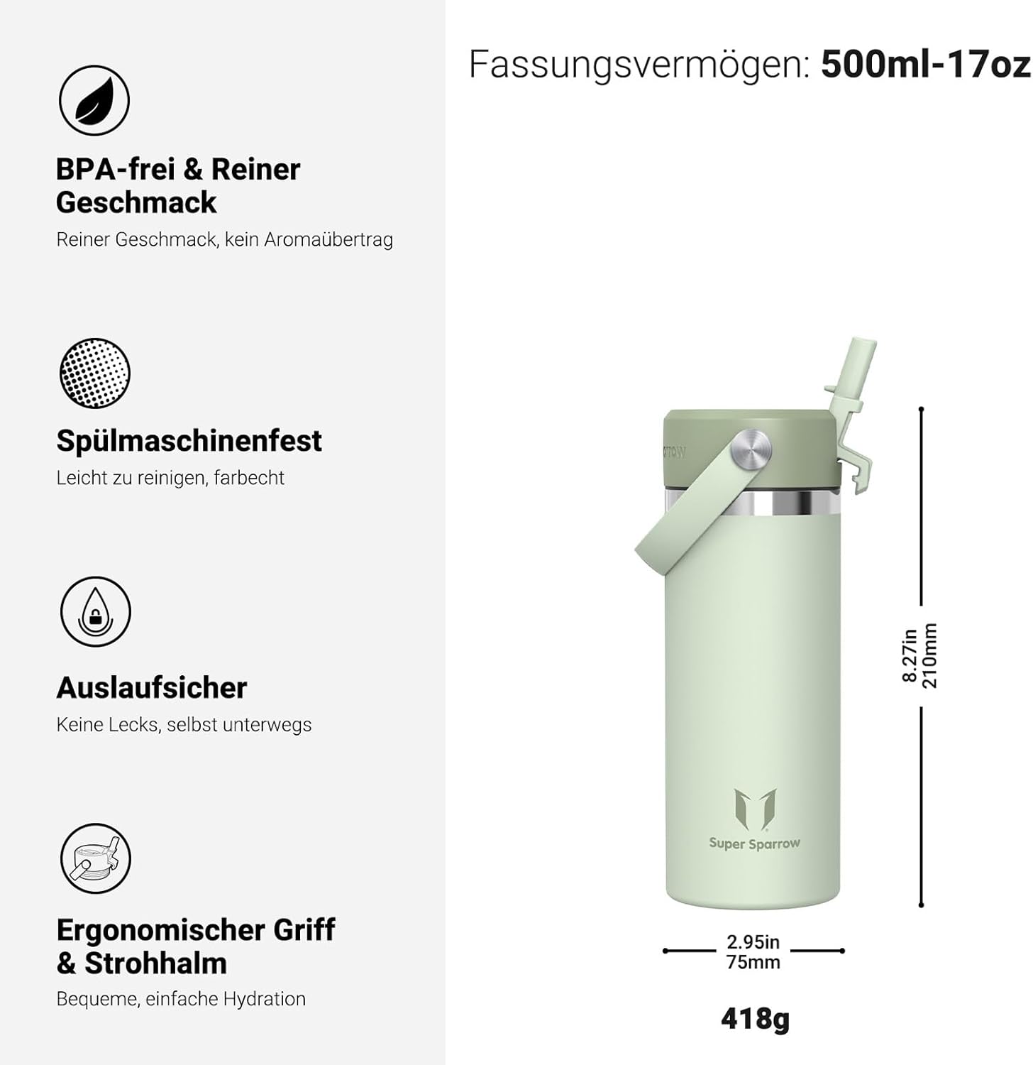 Detalle de Sparrow Trinkflasche Edelstahl 500 ml – SwivelSip, Weithalsöffnung, BPA-frei