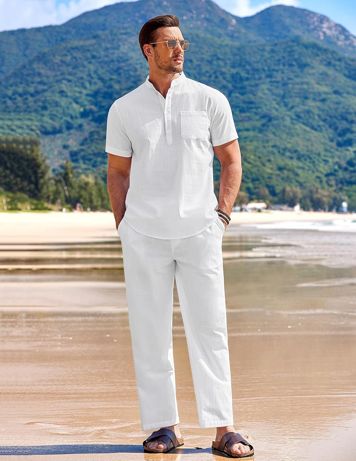 Thumbnail 6 de COOFANDY Men's 2-Piece Cotton Linen Set: Short Sleeve Henley & Beach Yoga Pants