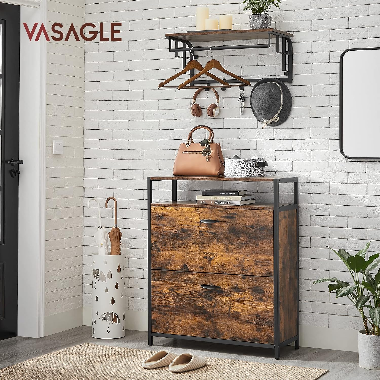 Detalle 2 de VASAGLE Scarpiera Alto con 2 Scomparti ribalta – 10-16 paia, Marrone Vintage/Nero, LBS801B01