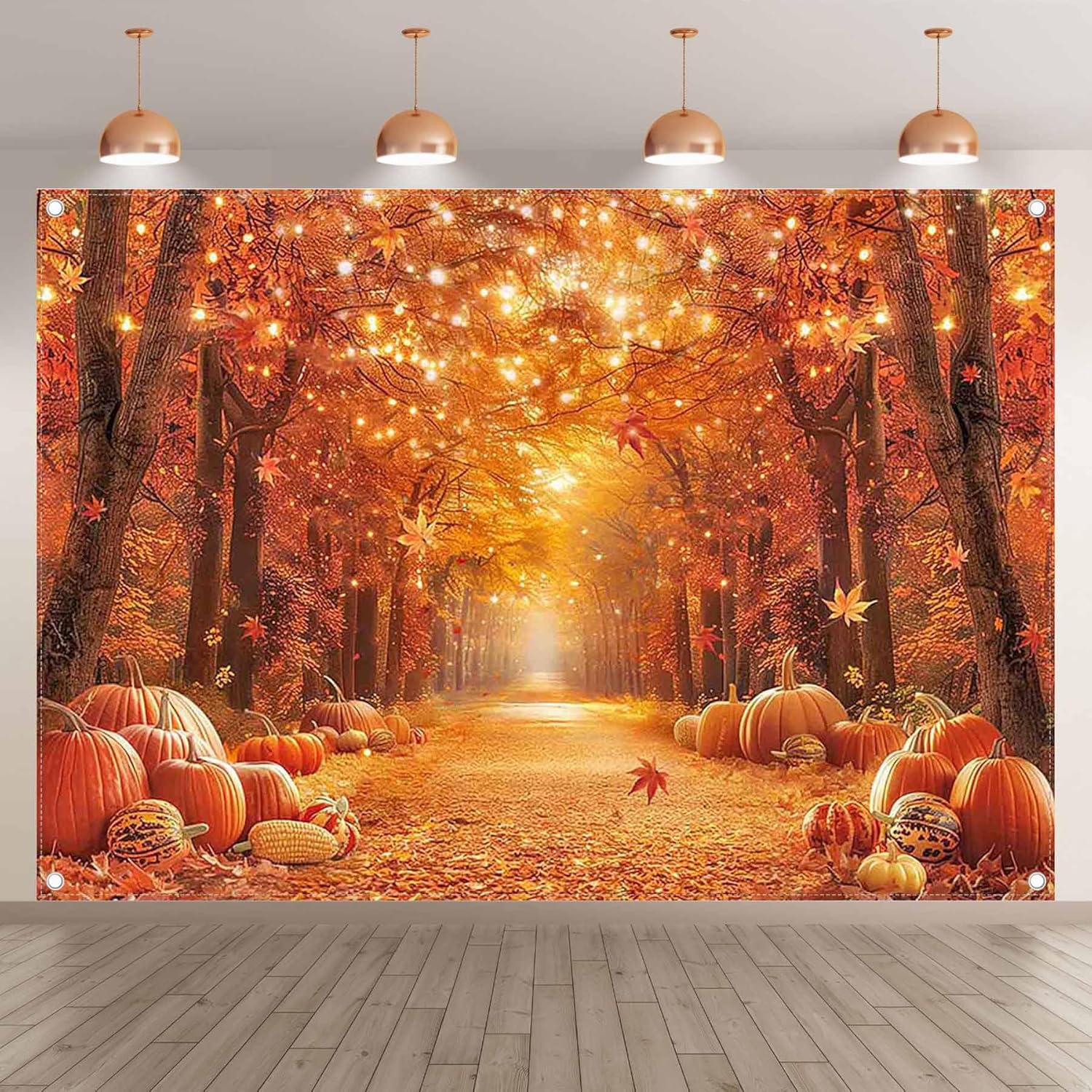 Thumbnail 1 de Luminora 7x5ft Orange Fall Backdrop – Autumn Maple Leaves & Pumpkin Friendsgiving Background