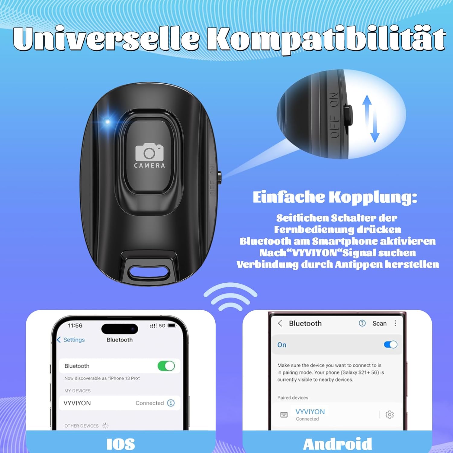 Thumbnail 3 de VYVIYON Bluetooth-Kameraauslöser für iOS & Android – Wiederaufladbare Fernbedienung mit Selfie-Knopf (2er Pack, Black & Pink)