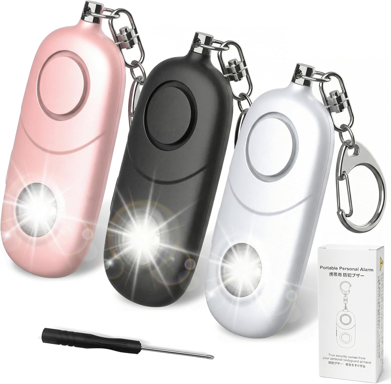 Detalle de Qoosea 135dB Persönlicher Alarm Schlüsselanhänger – 3er Set mit Stroboskoplicht und 60-Minuten Daueralarm