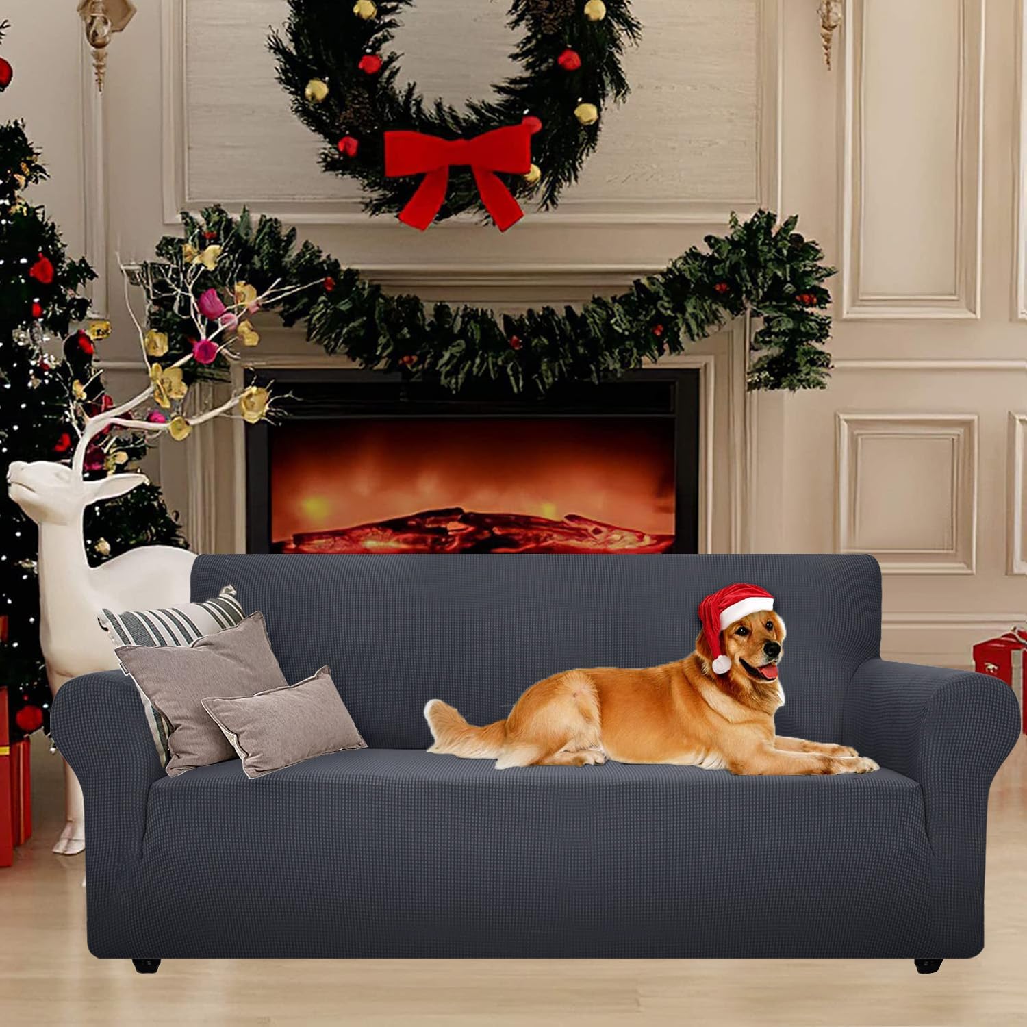 Detalle 2 de YSTELLAA Copridivano 3 posti elasticizzato antigraffio grigio scuro 🛋