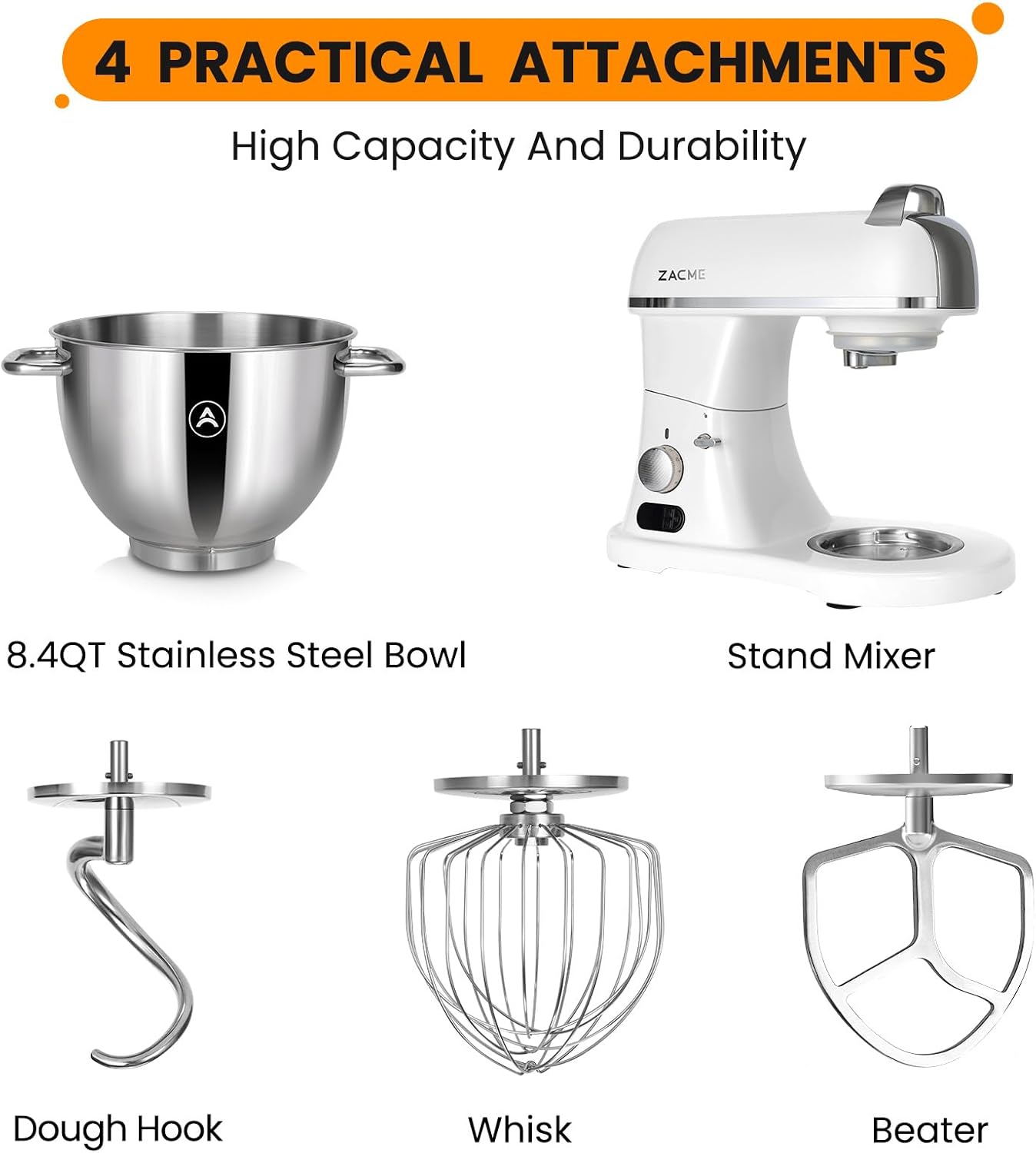 Thumbnail 6 de ZACME 8.4QT Commercial Mixer 800W-Porcelain Stand Mixer with 11 Speeds